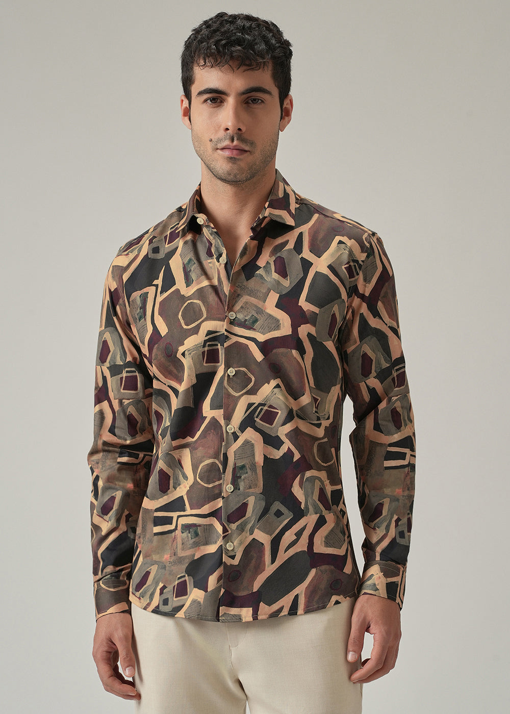 Taupe Beige Geometric Print Shirt