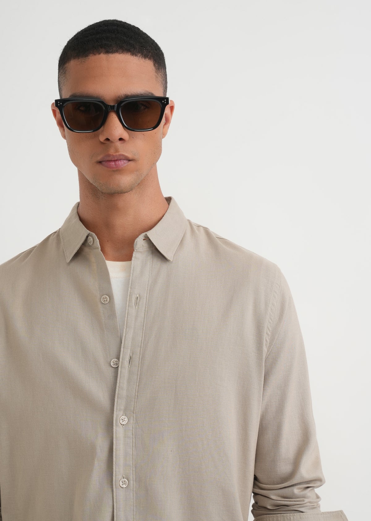 Taupe Cotton Blend Regular Fit Shirt
