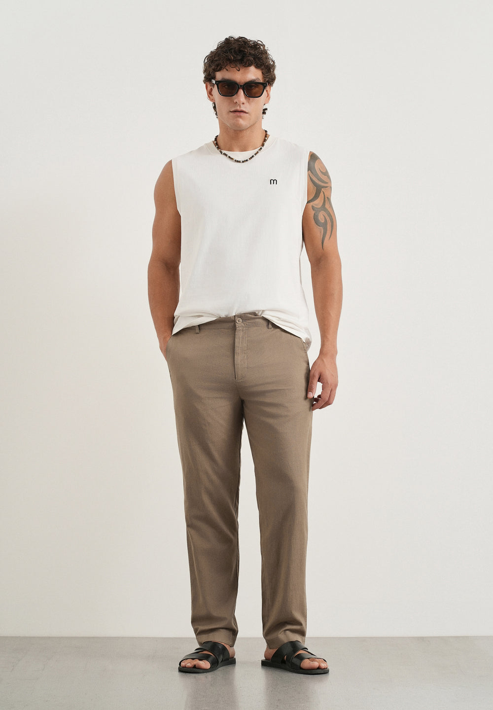 Taupe Cotton Linen Regular Fit Pant