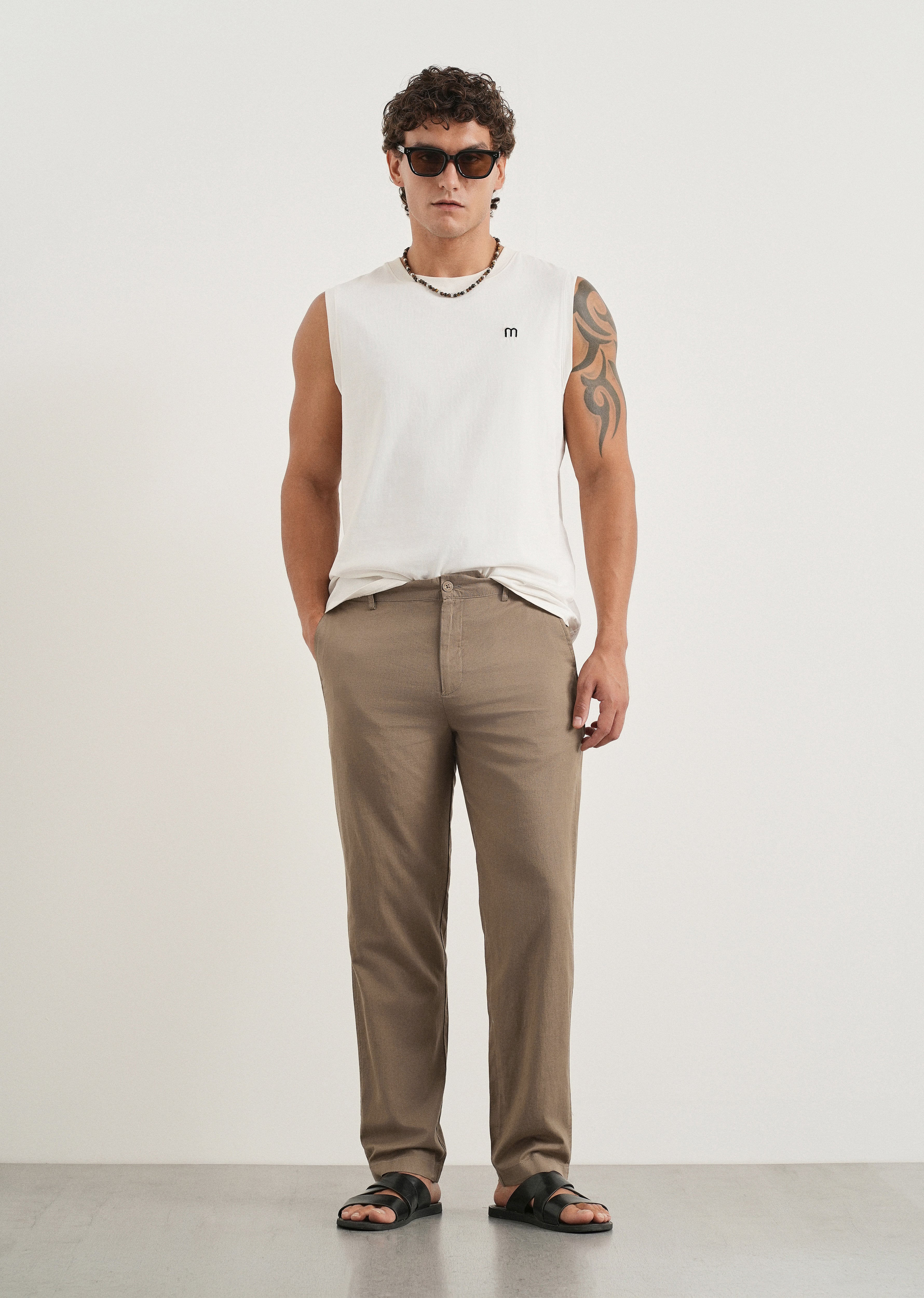 Taupe Cotton Linen Regular Fit Pant