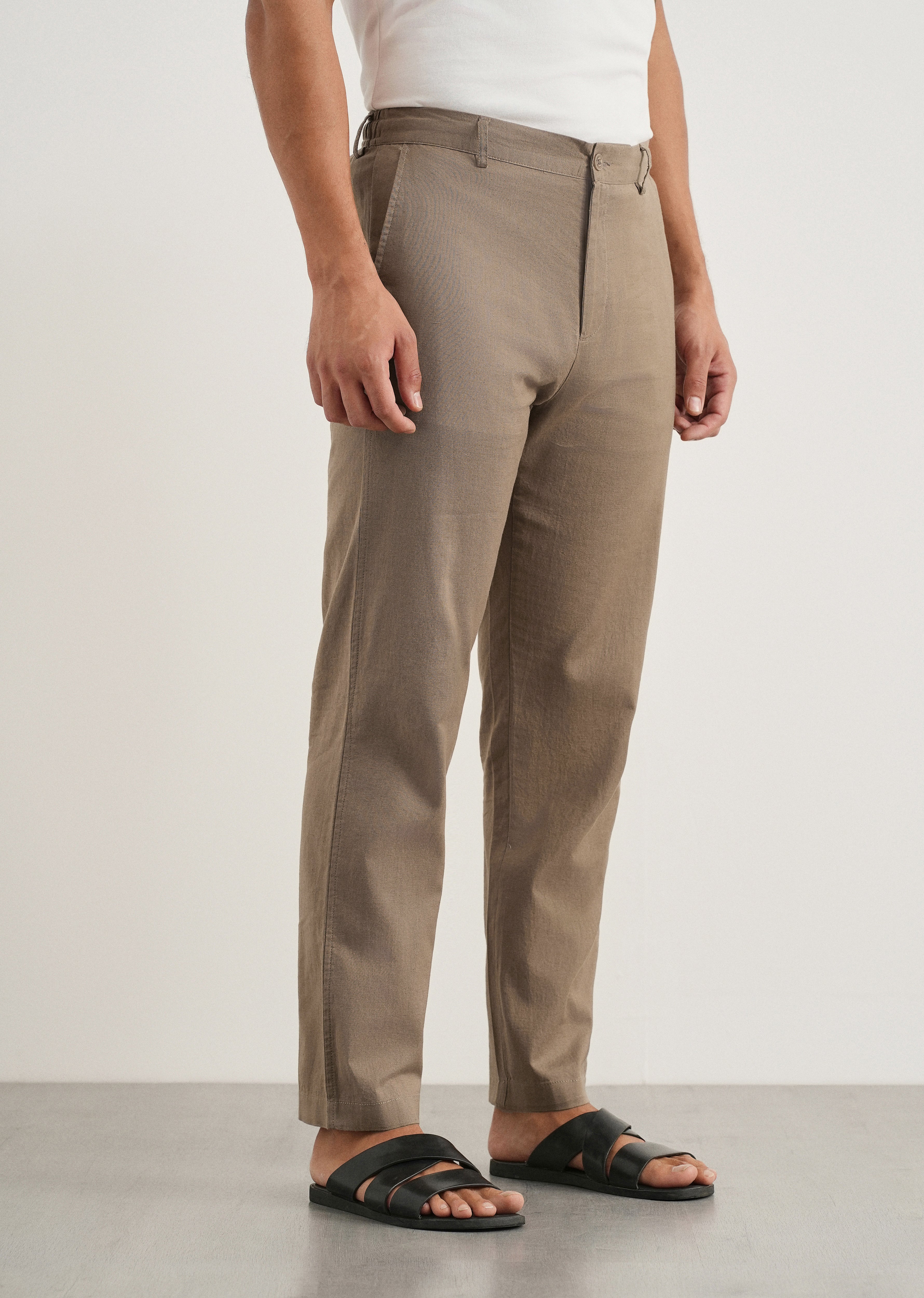 Taupe Cotton Linen Regular Fit Pant
