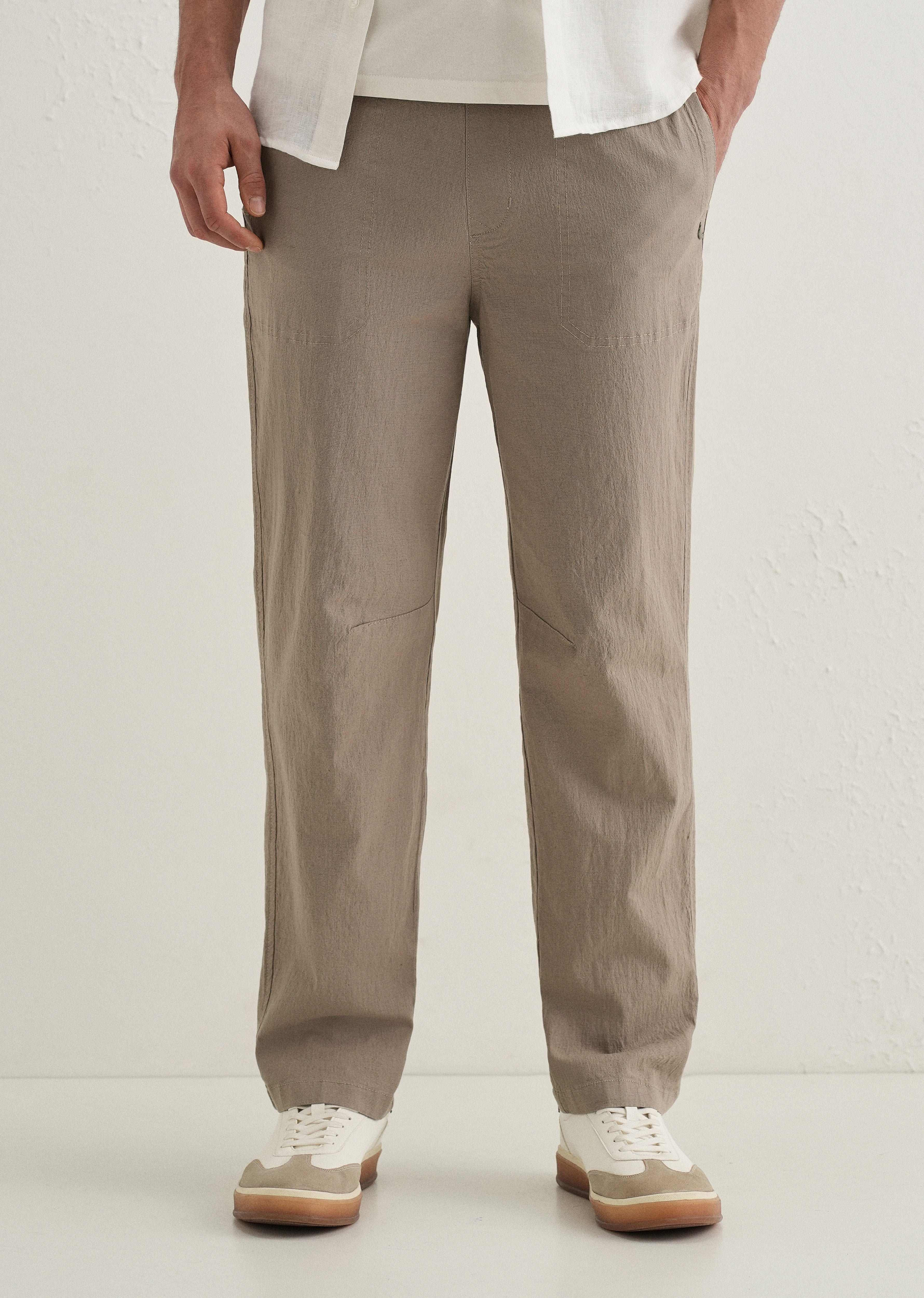 Taupe Drawstring Cotton Linen Pant