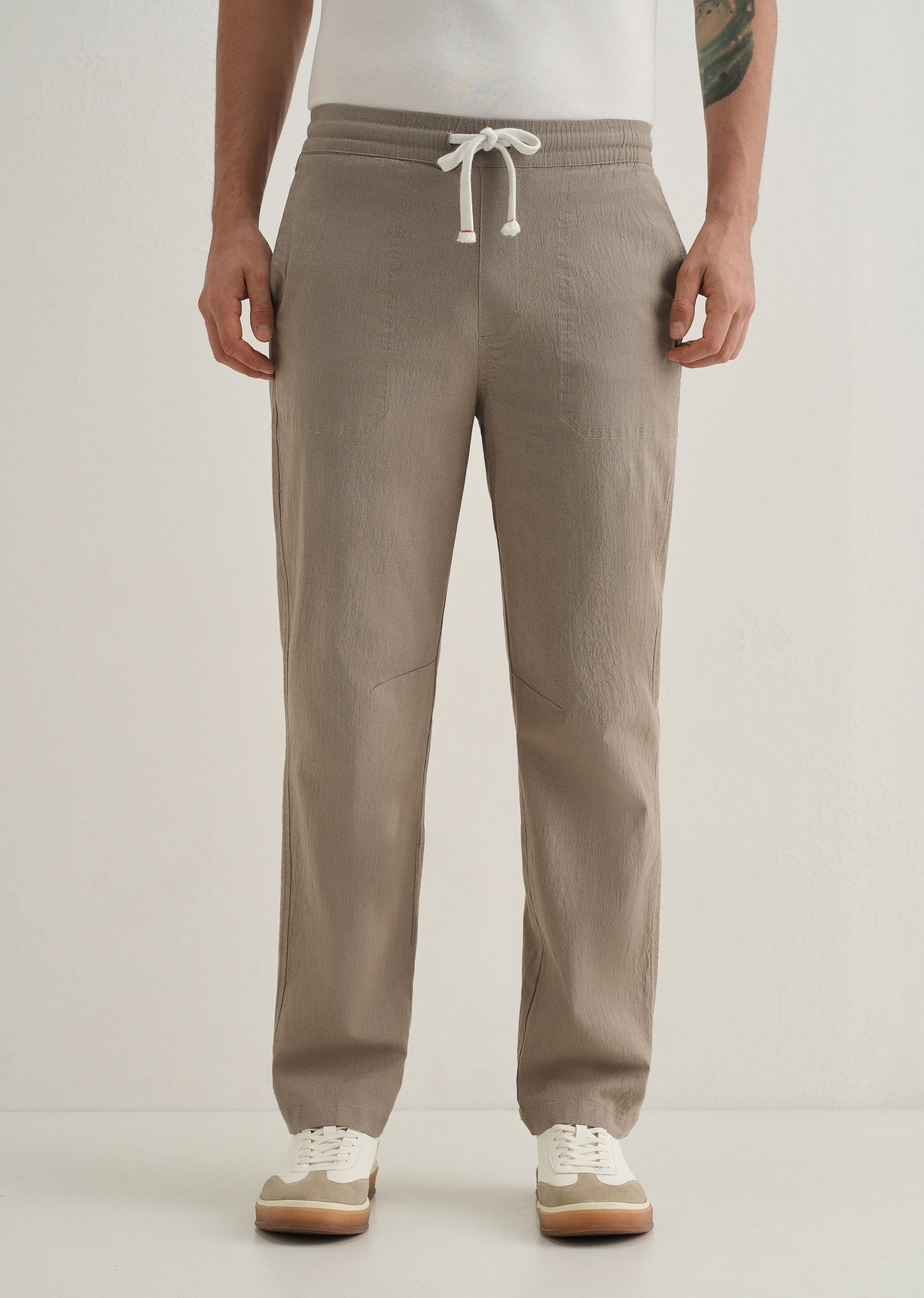 Taupe Drawstring Cotton Linen Pant