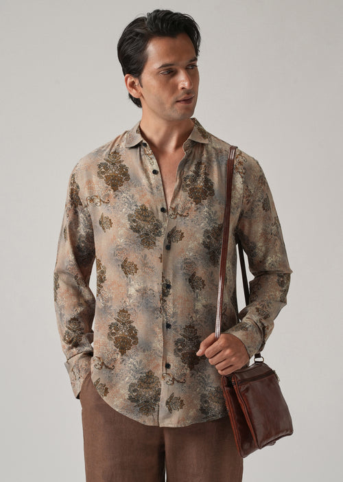 Taupe Floral Print Feather Shirt