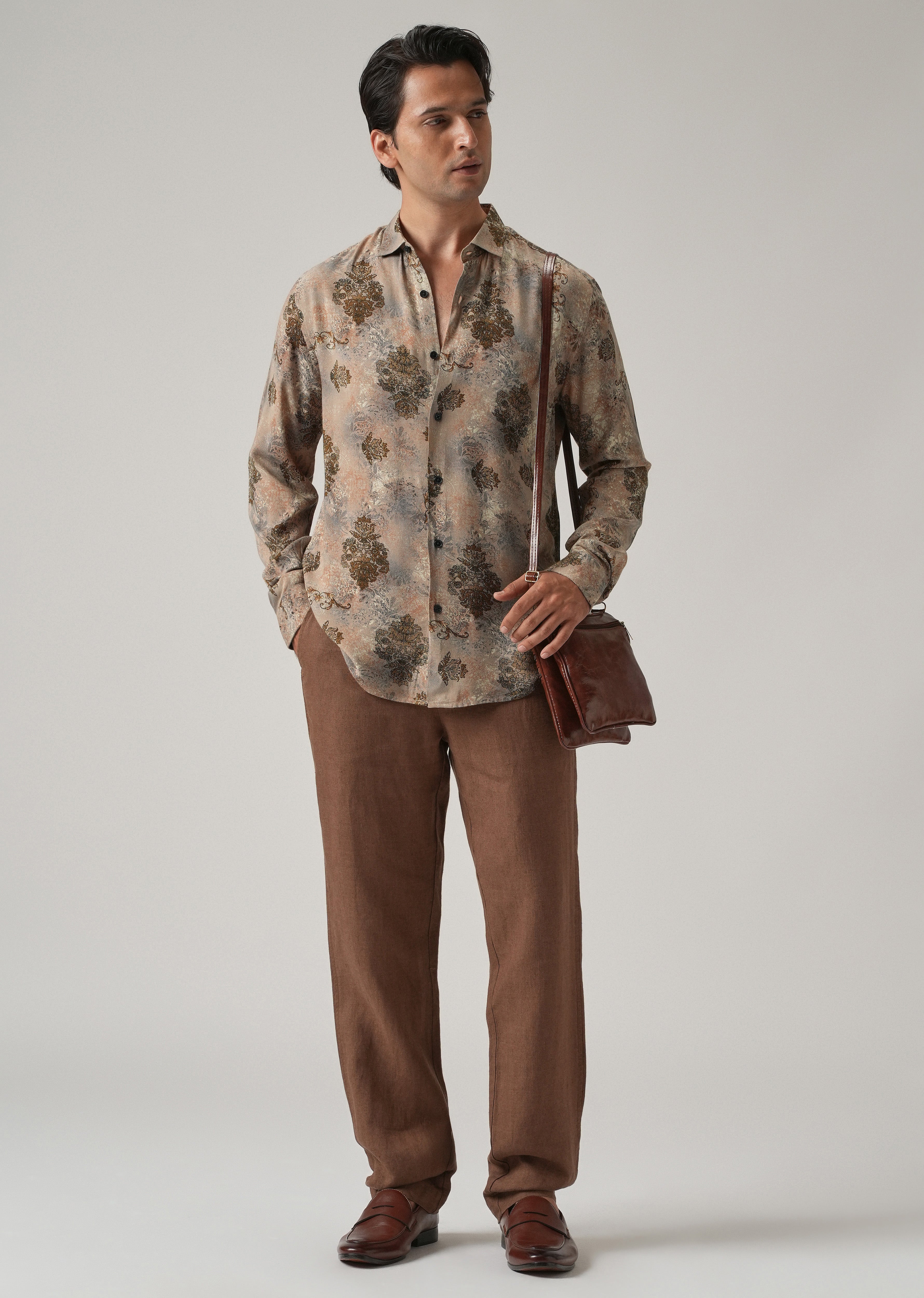 Taupe Floral Print Feather Shirt