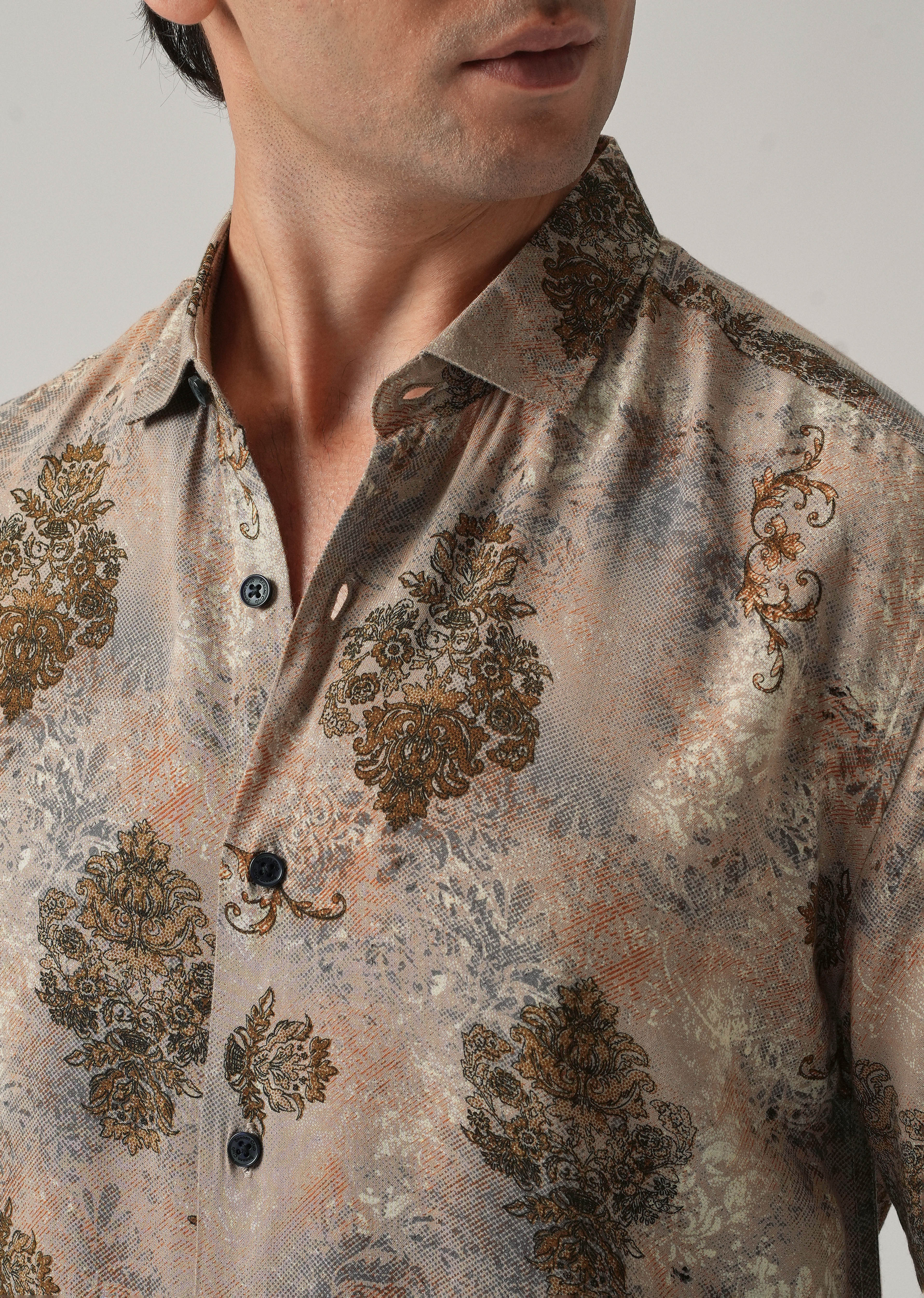 Taupe Floral Print Feather Shirt