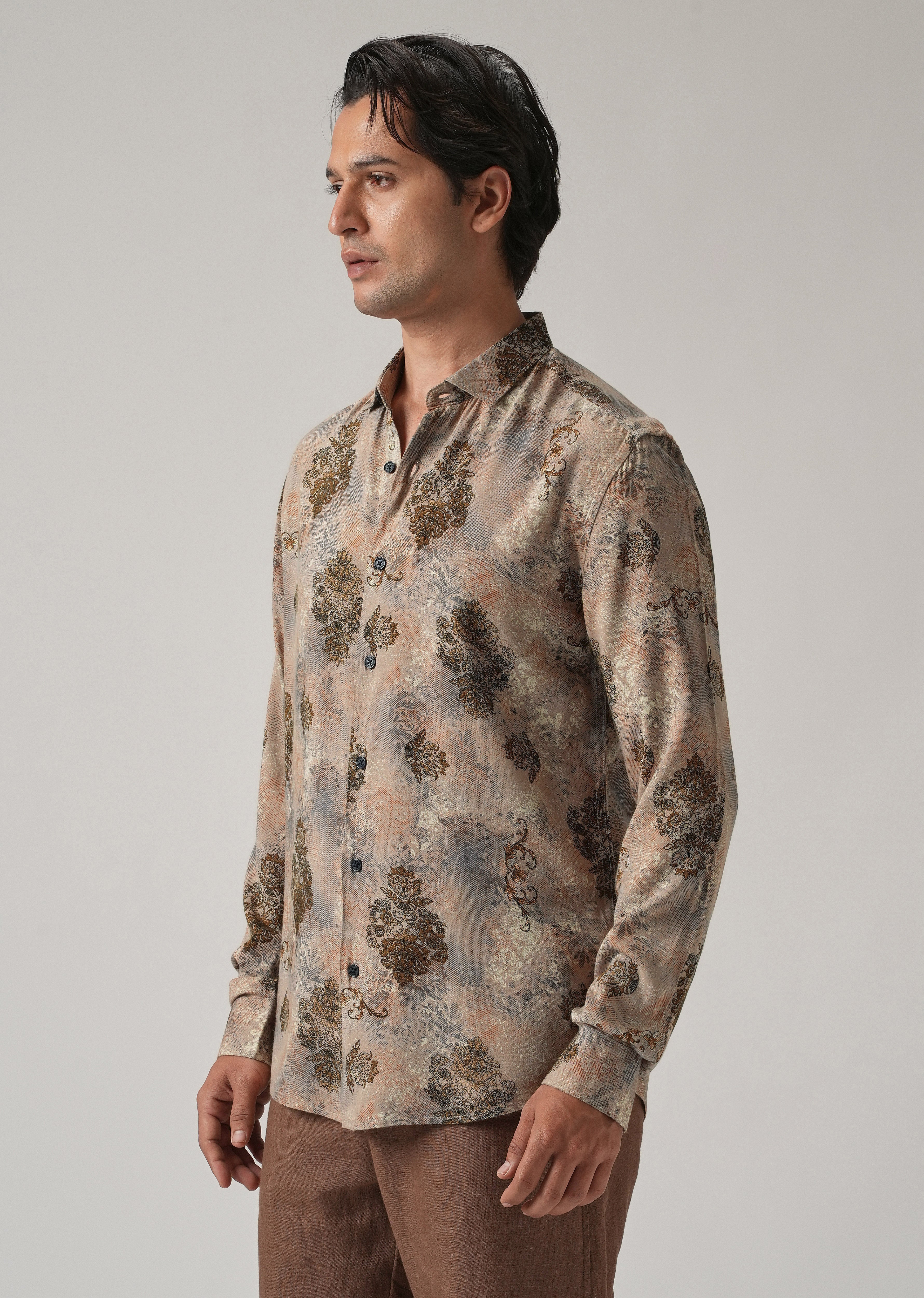 Taupe Floral Print Feather Shirt