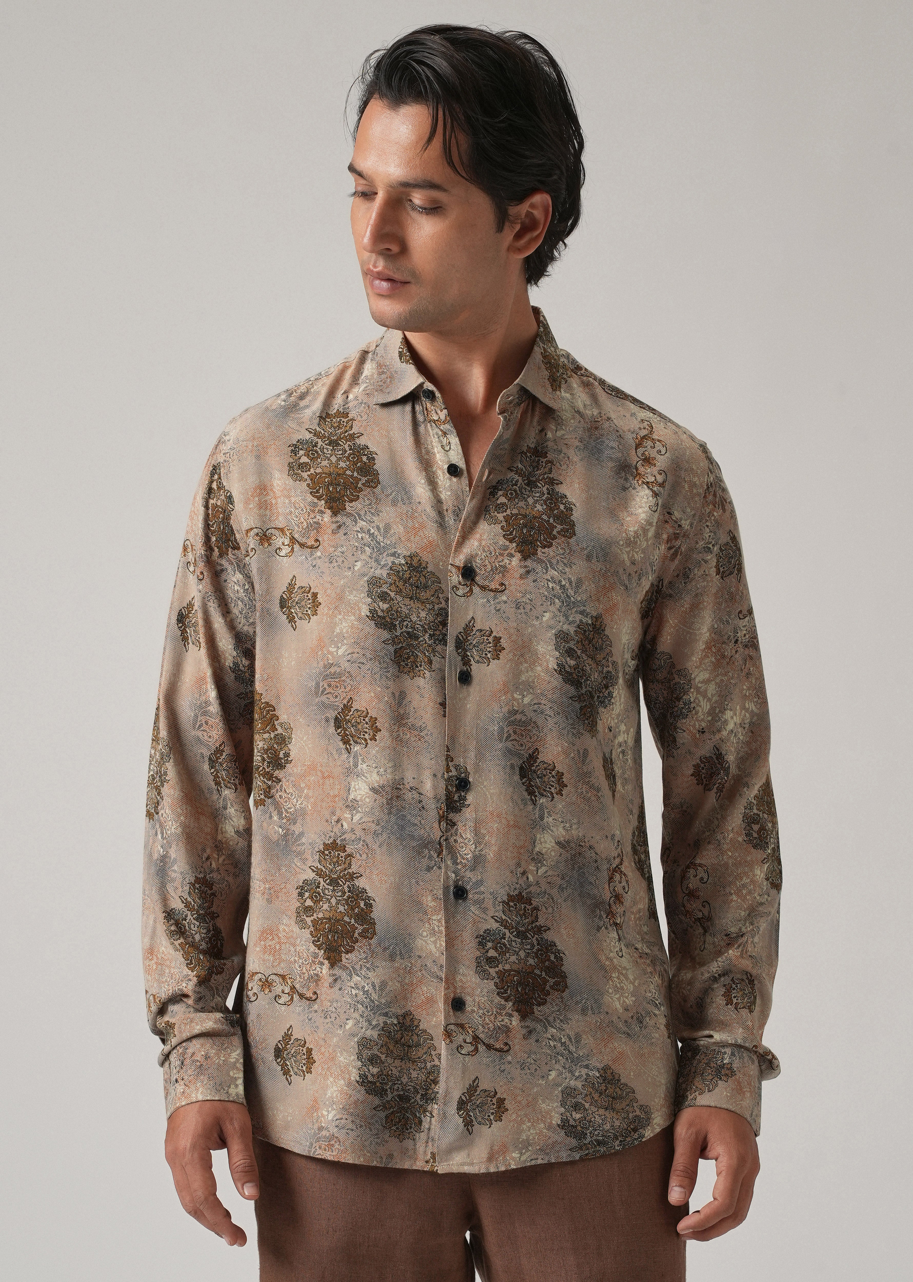 Taupe Floral Print Feather Shirt