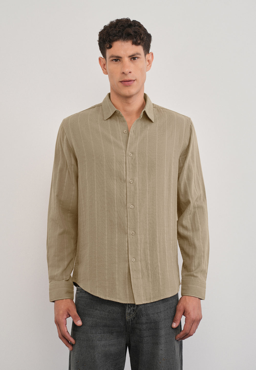 Taupe Self Striped Cotton Shirt