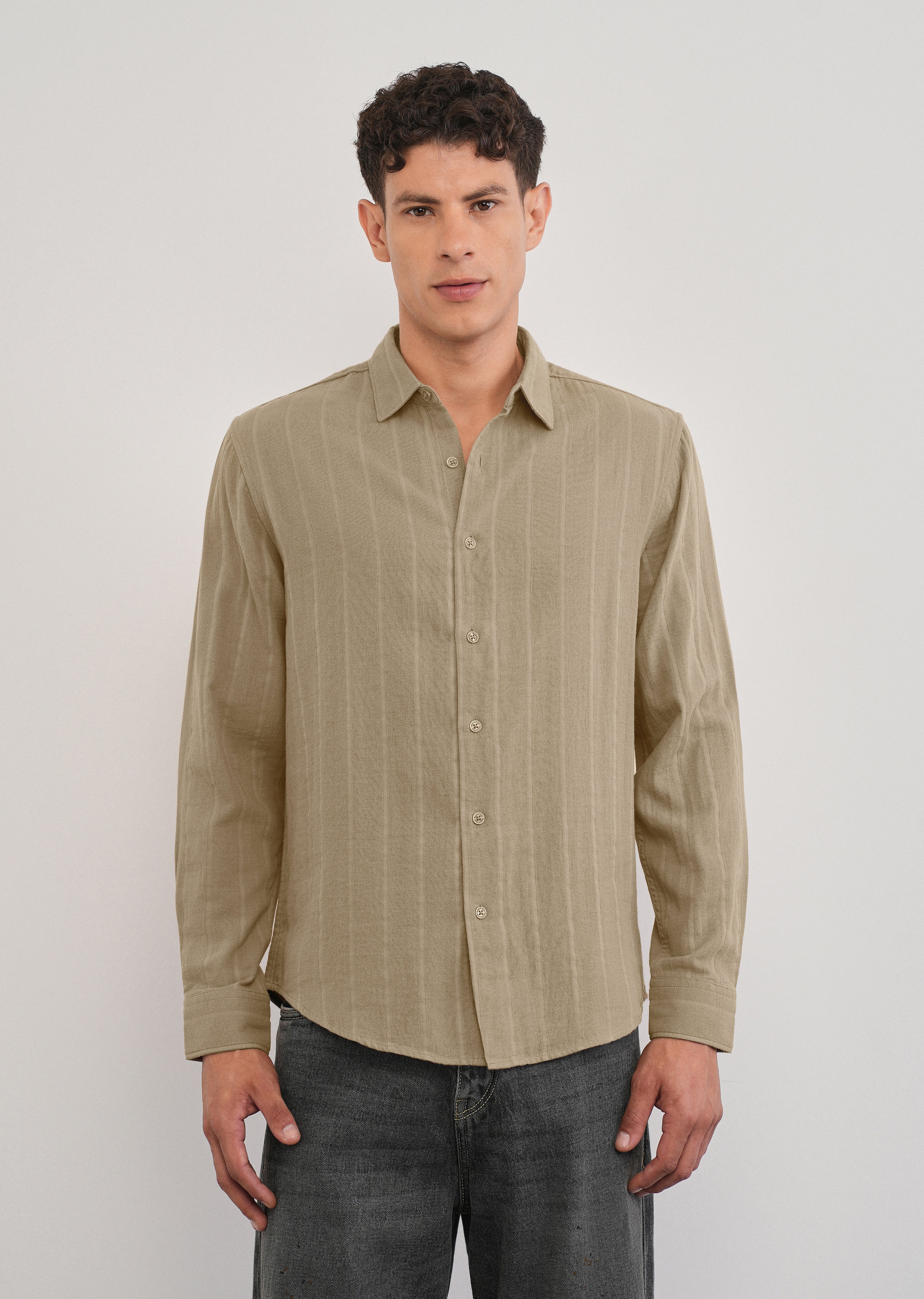 Taupe Self Striped Cotton Shirt