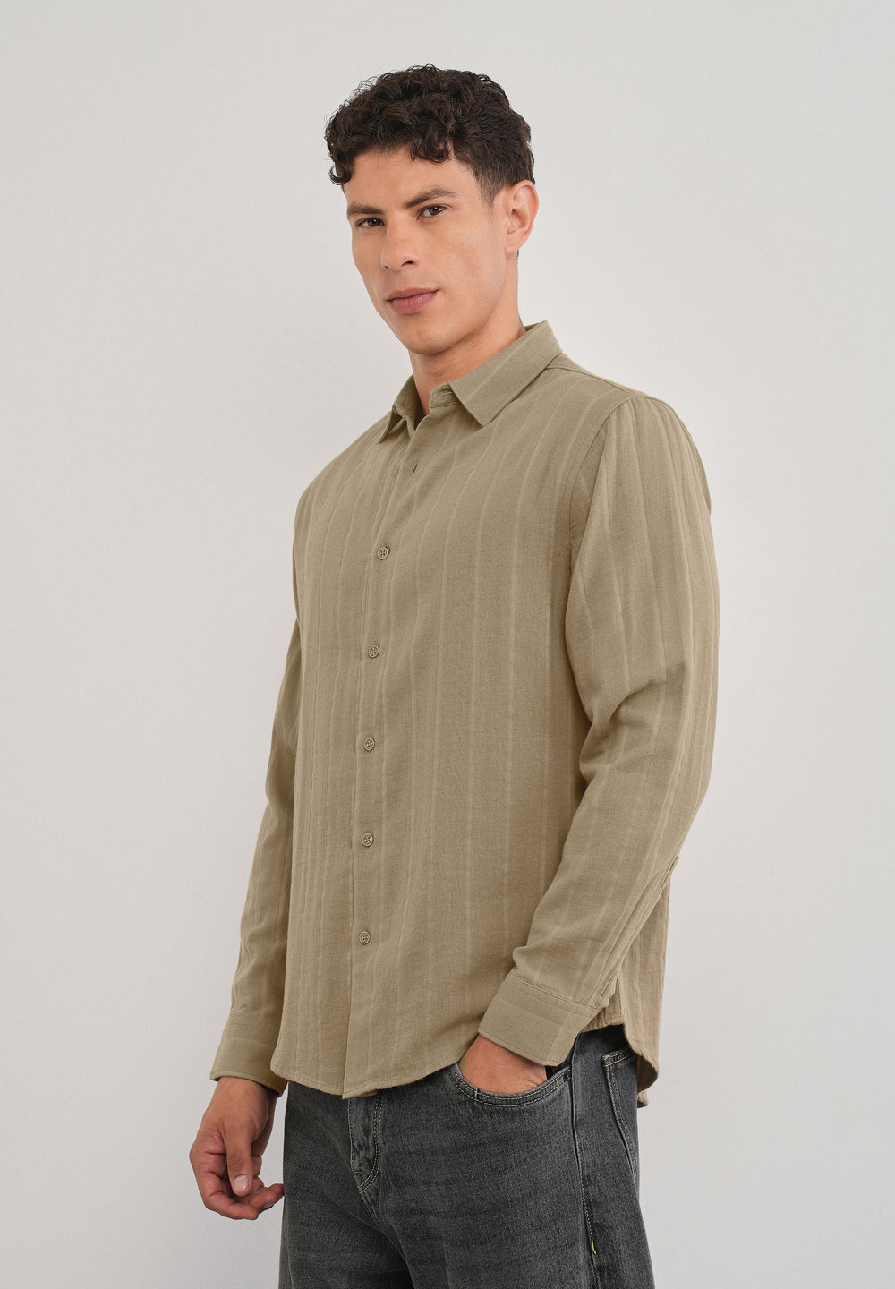 Taupe Self Striped Cotton Shirt
