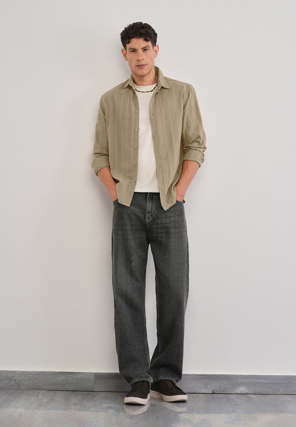 Taupe Self Striped Cotton Shirt