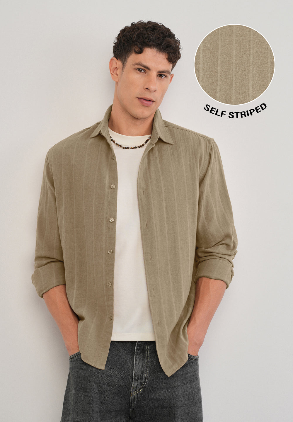 Taupe Self Striped Cotton Shirt