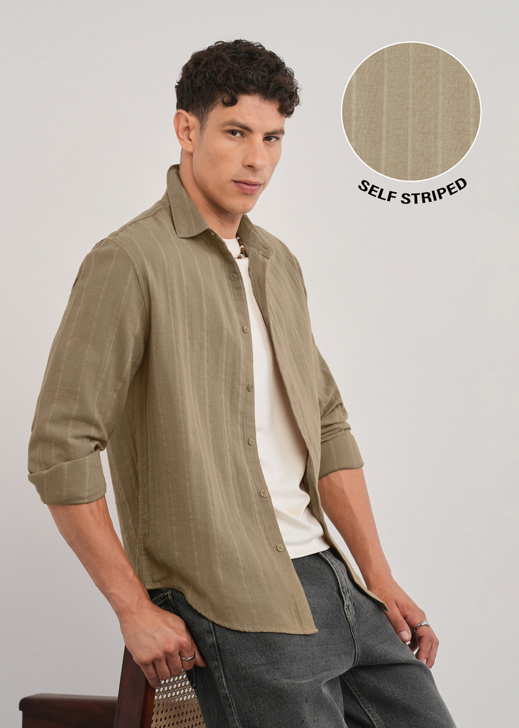 Taupe Self Striped Cotton Shirt