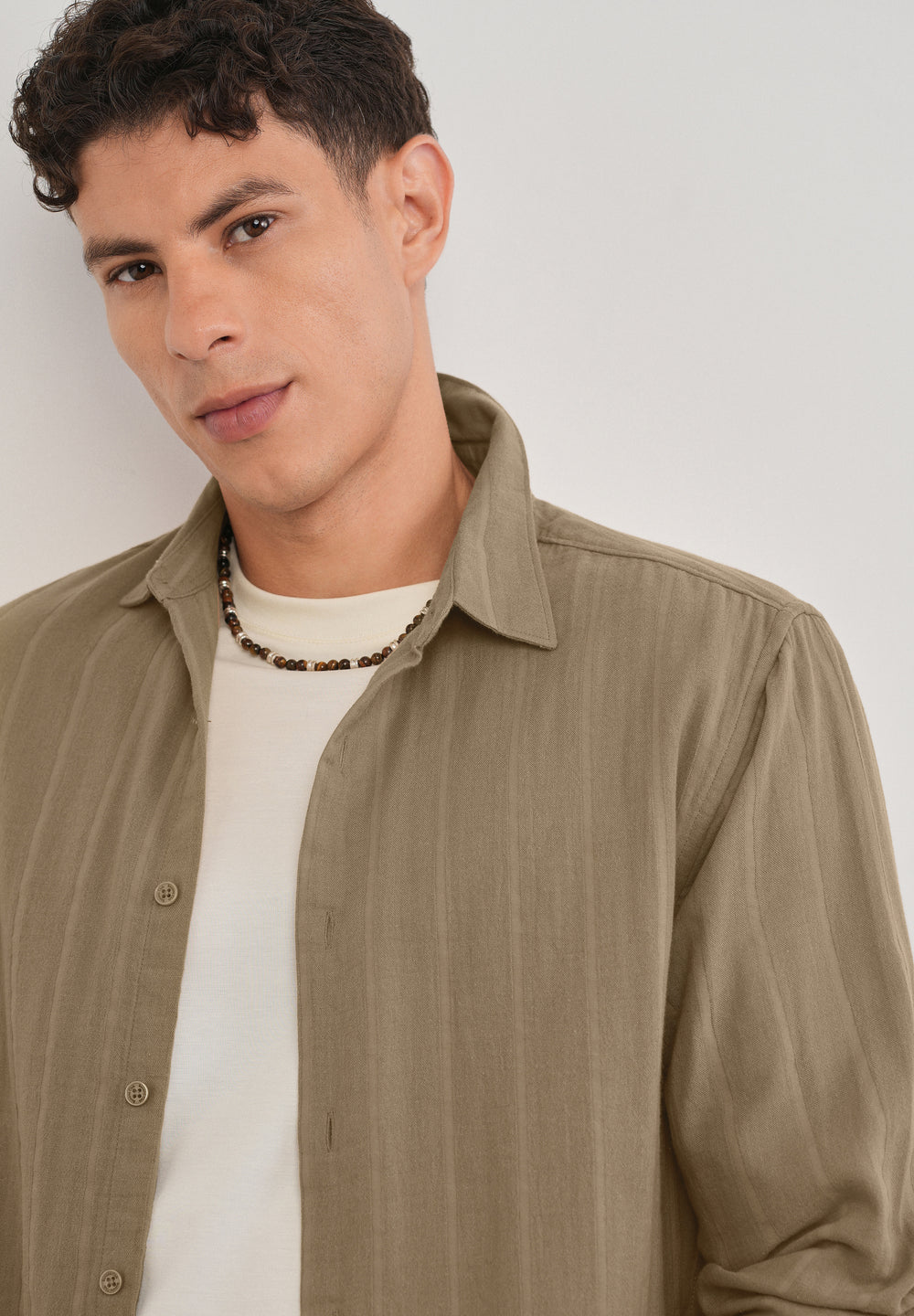 Taupe Self Striped Cotton Shirt