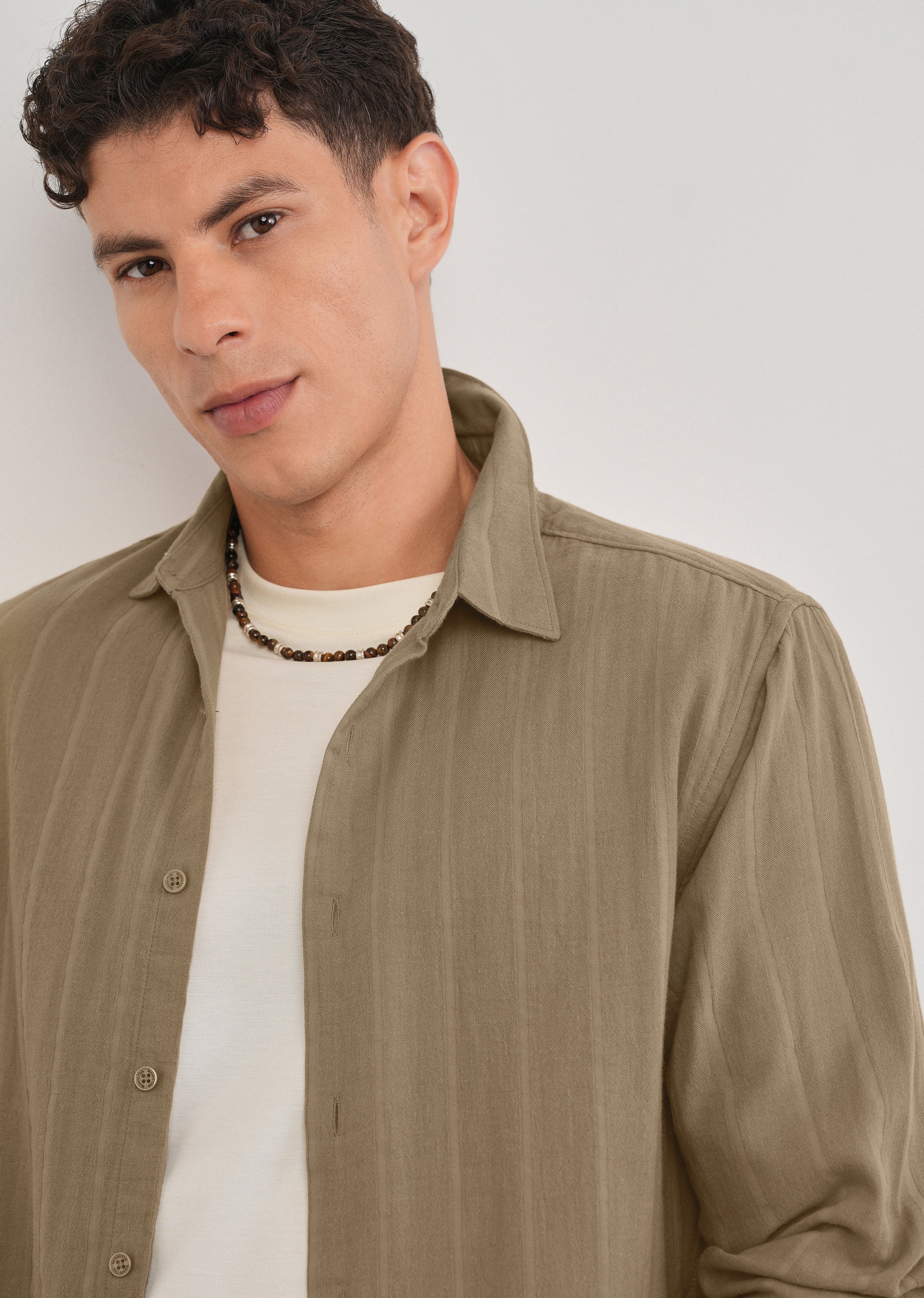 Taupe Self Striped Cotton Shirt
