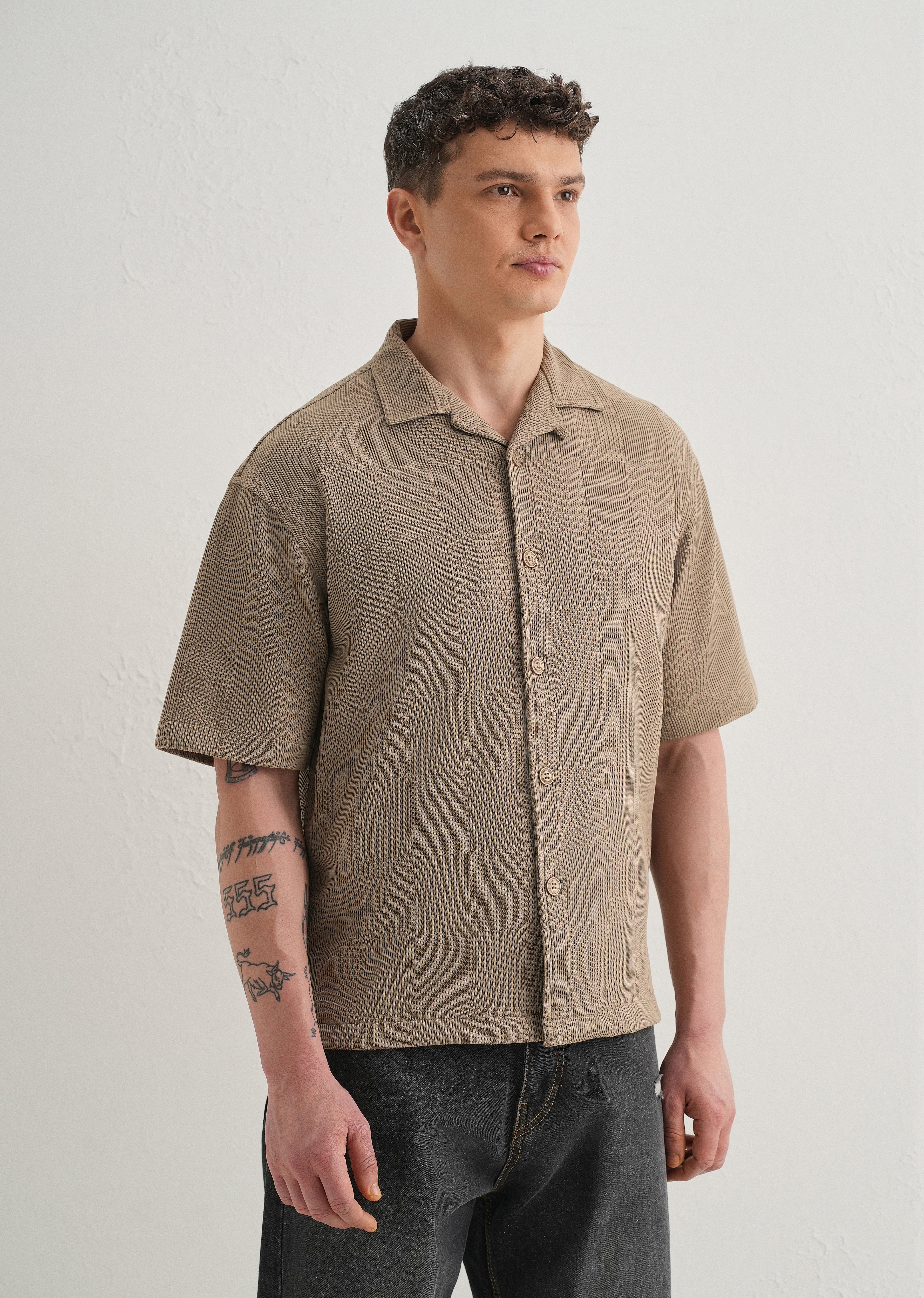 Taupe Textured Check Knit Shirt