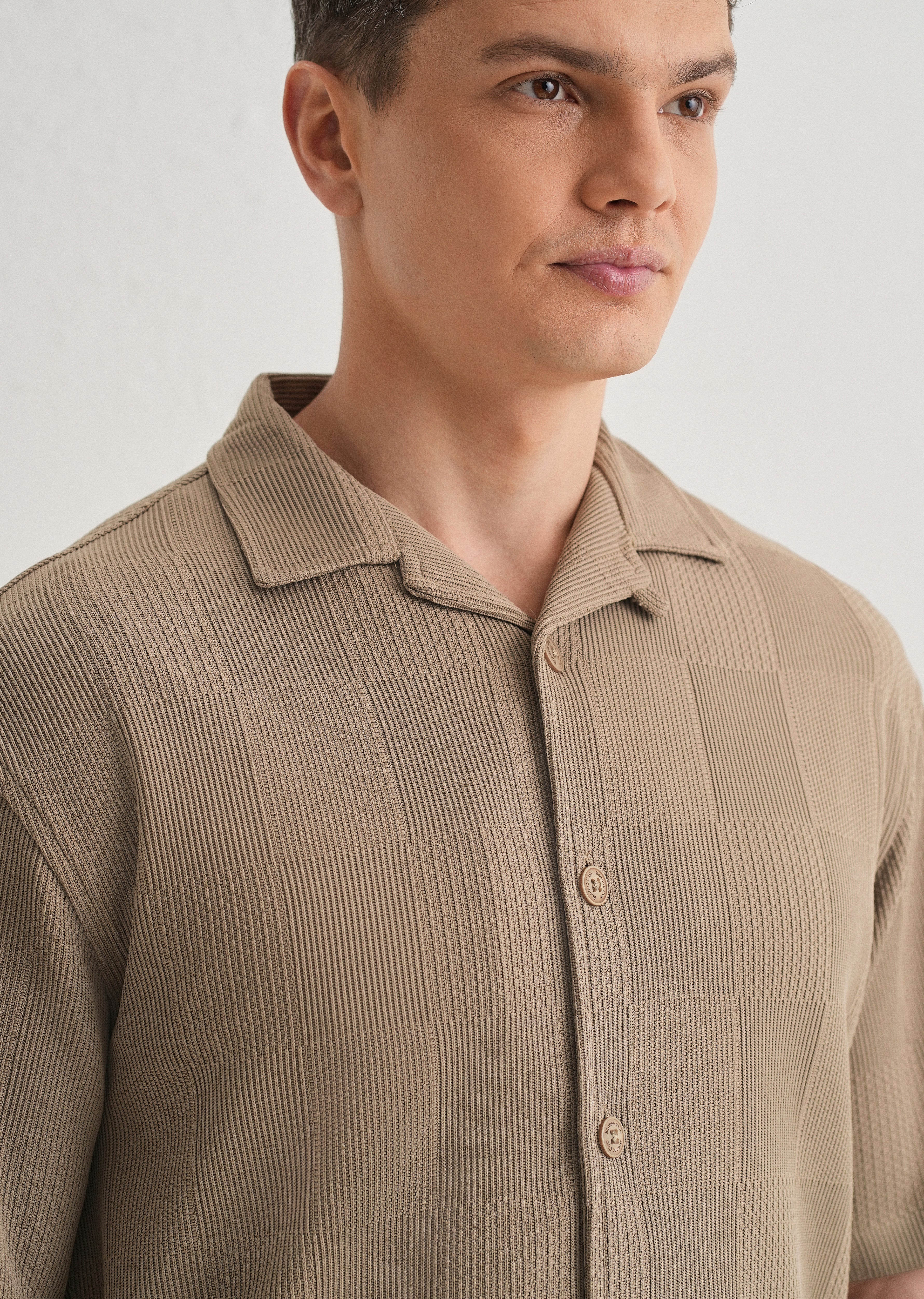 Taupe Textured Check Knit Shirt
