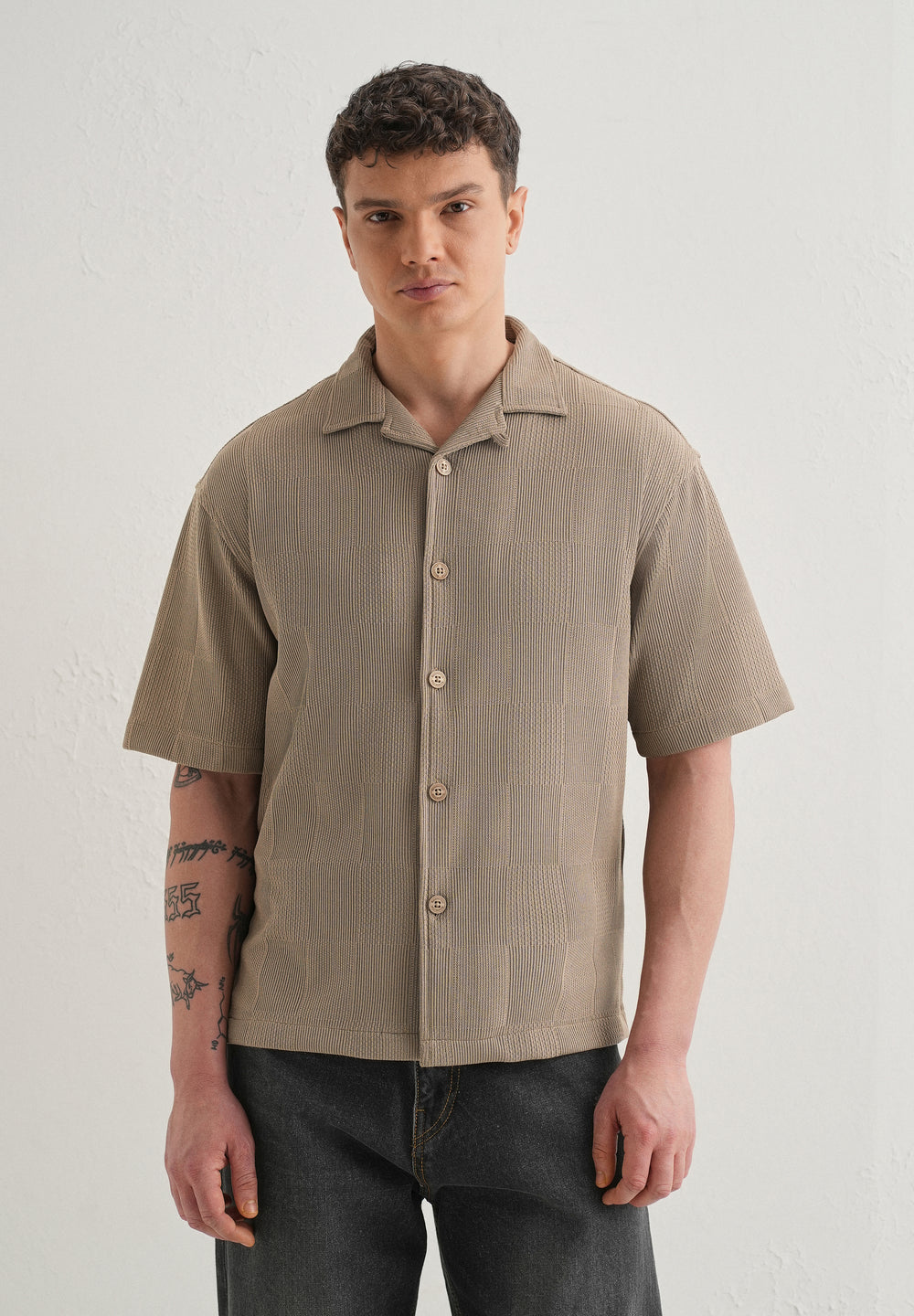 Taupe Textured Check Knit Shirt