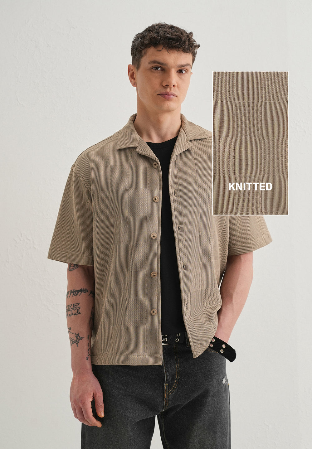 Taupe Textured Check Knit Shirt