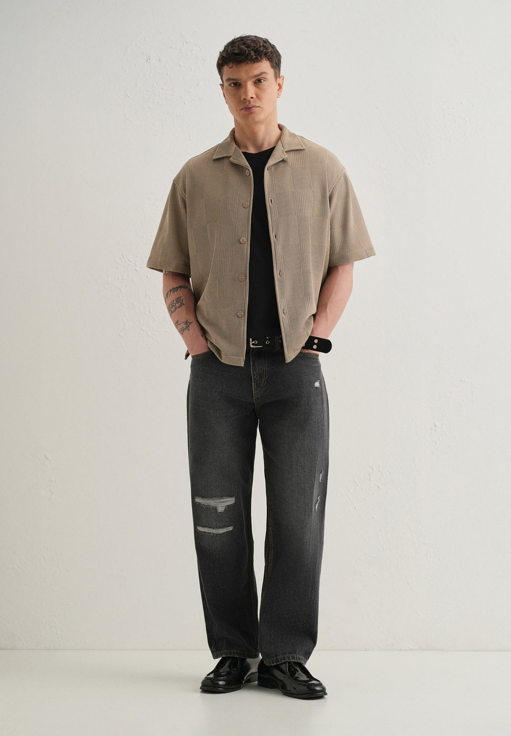 Taupe Textured Check Knit Shirt