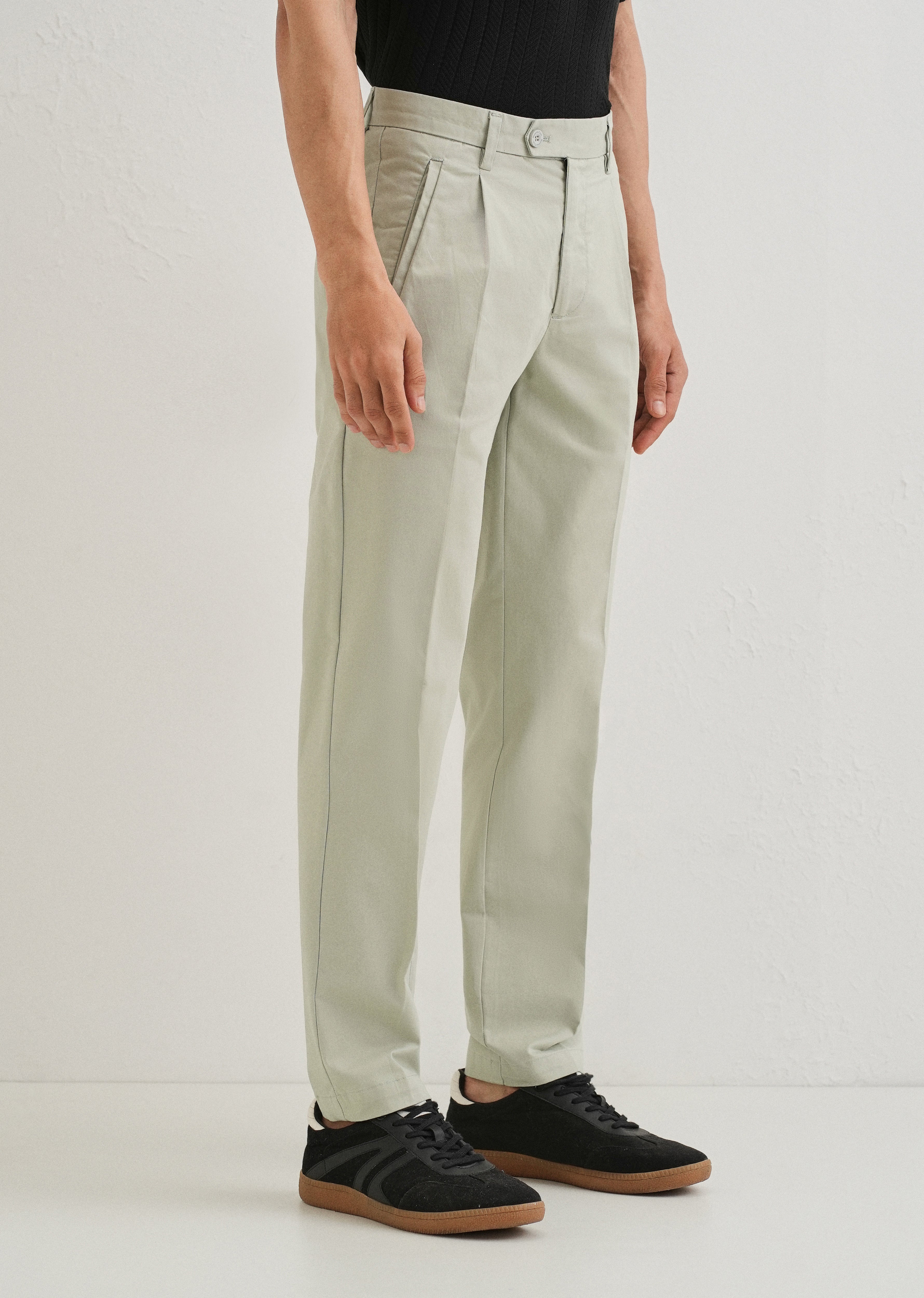 Tea Green Plain Pleated Chinos
