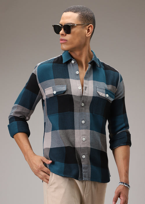 Teal Blue Brushed Cotton Check Shirt