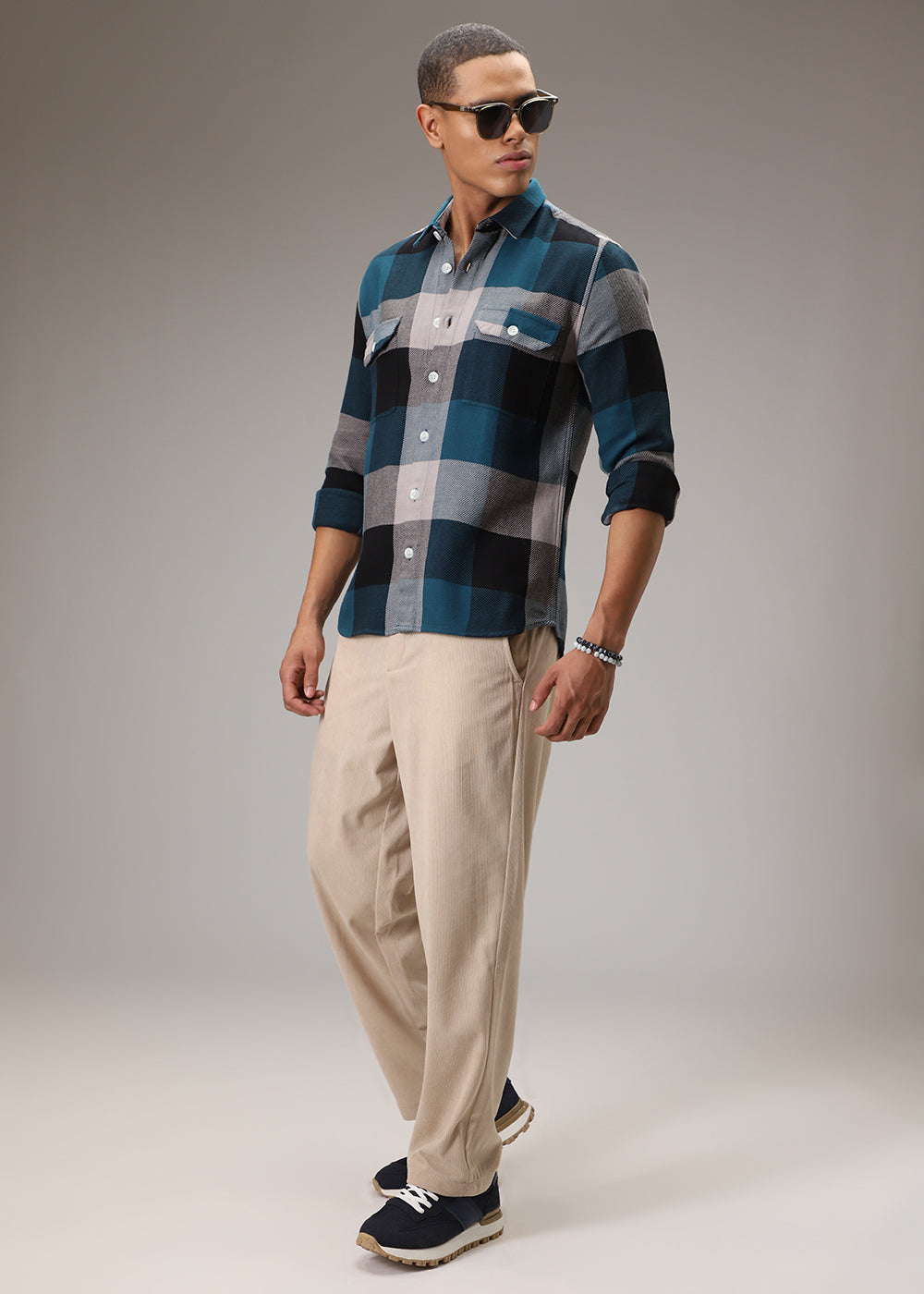 Teal Blue Brushed Cotton Check Shirt