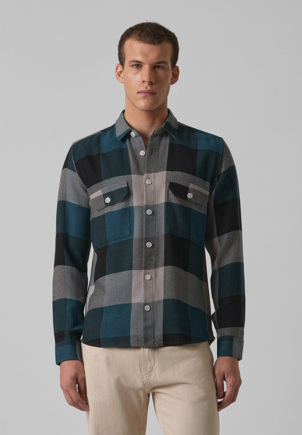 Teal Blue Brushed Cotton Check Shirt