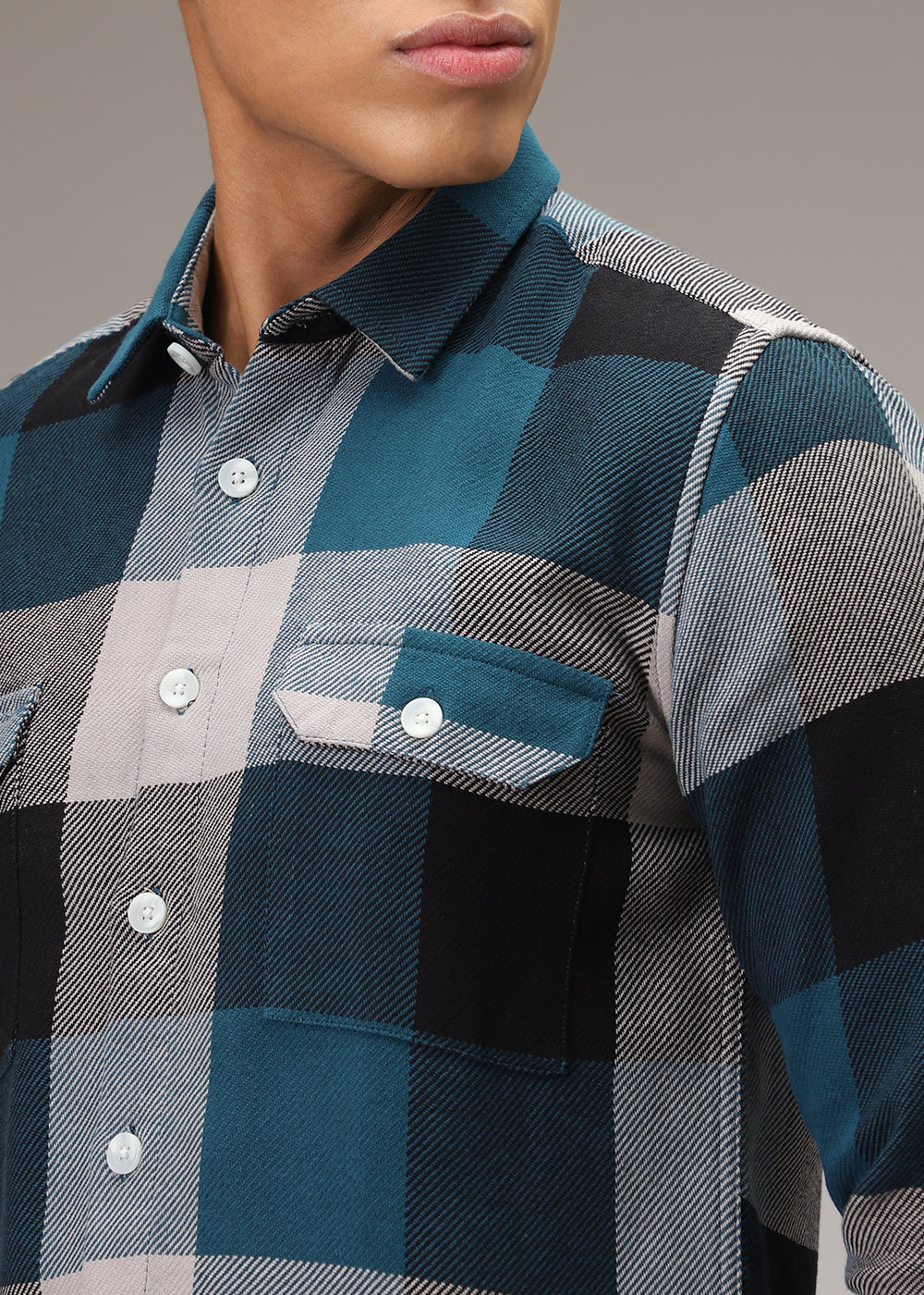 Teal Blue Brushed Cotton Check Shirt