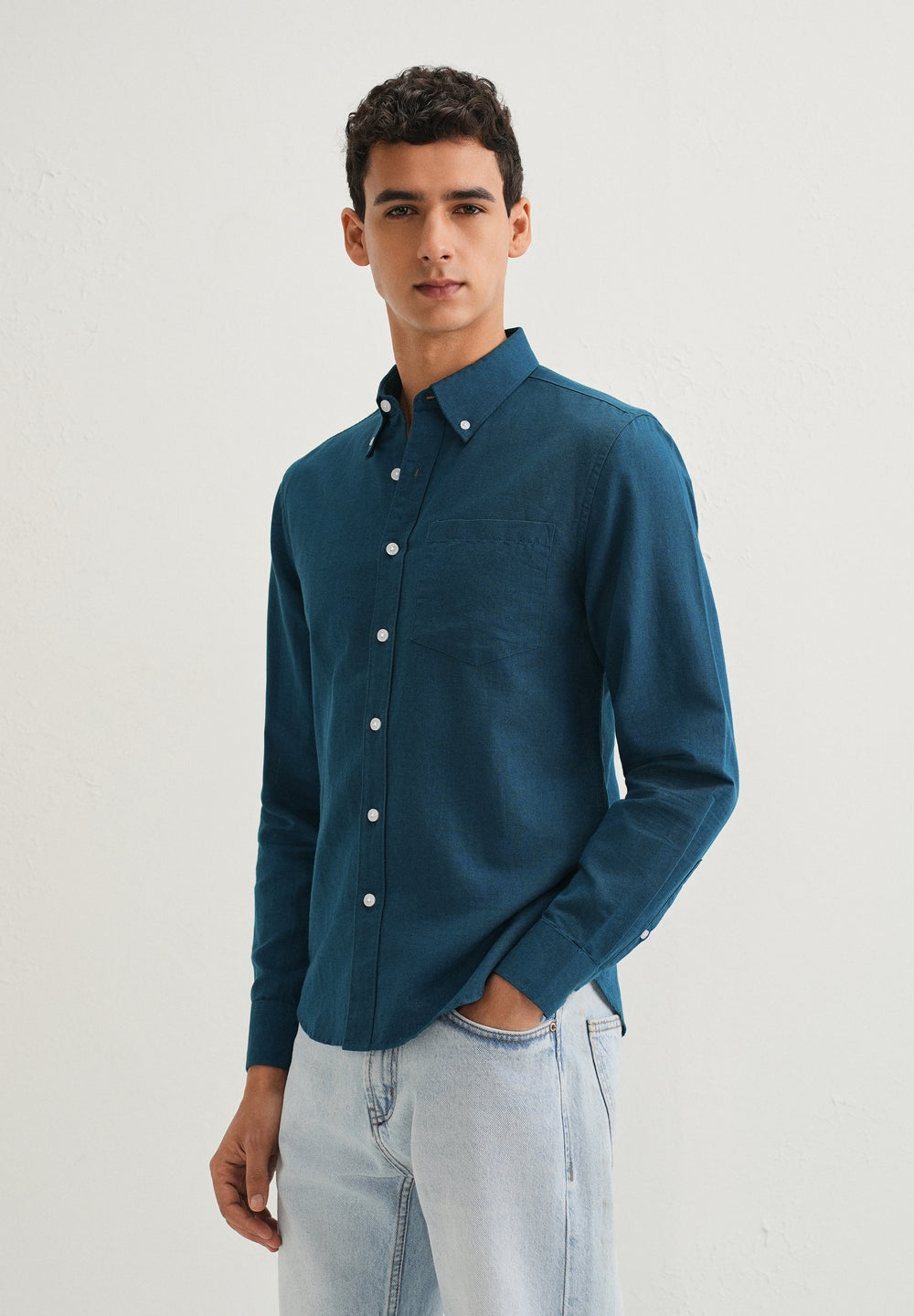 Teal Blue Cotton Linen Shirt
