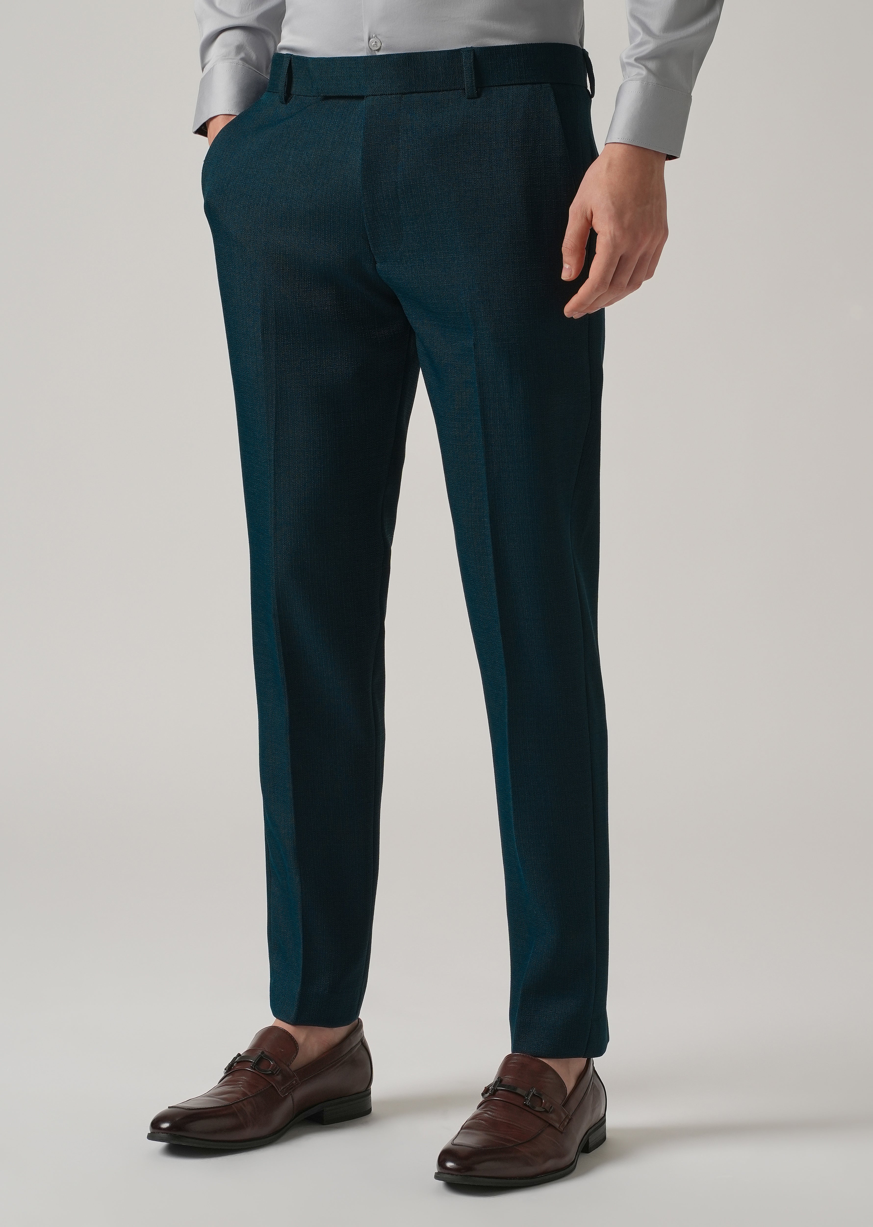 Teal Blue Blended Linen Formal Trouser