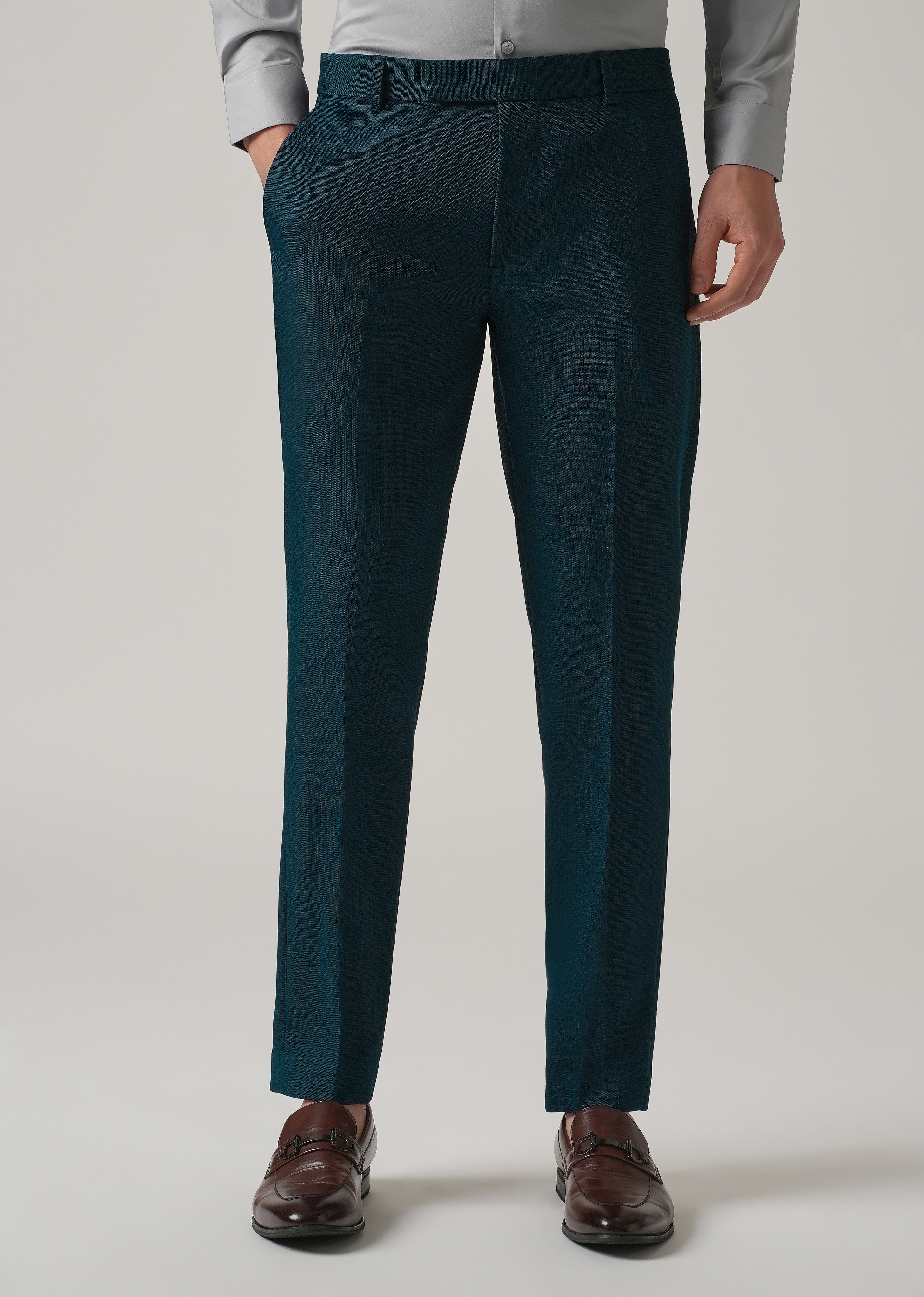 Teal Blue Blended Linen Formal Trouser