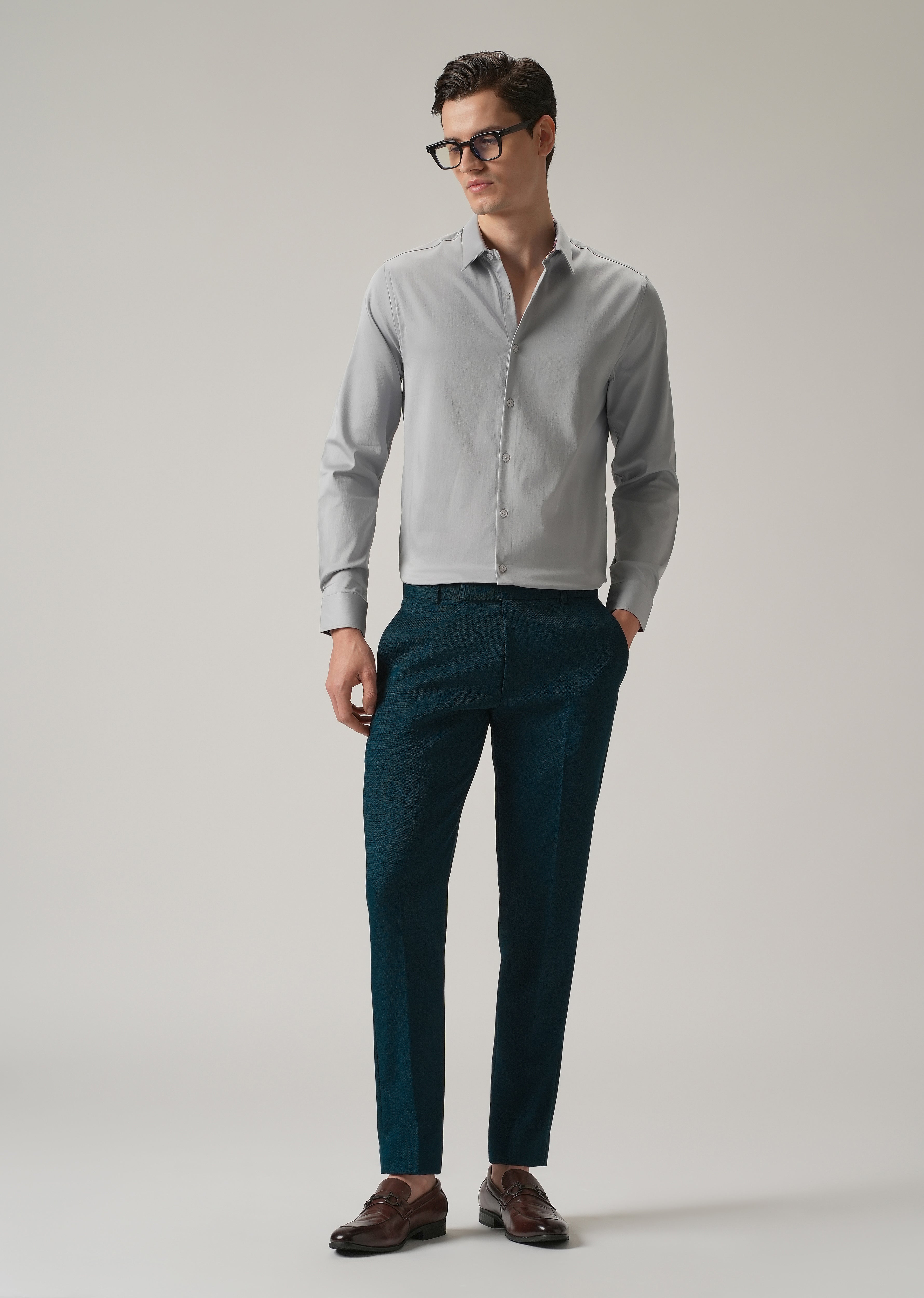 Teal Blue Blended Linen Formal Trouser