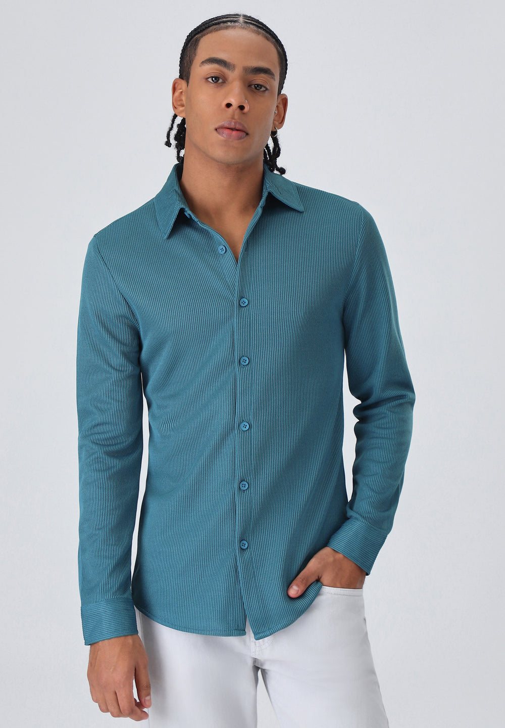 Teal Blue Plain Knitted Shirt