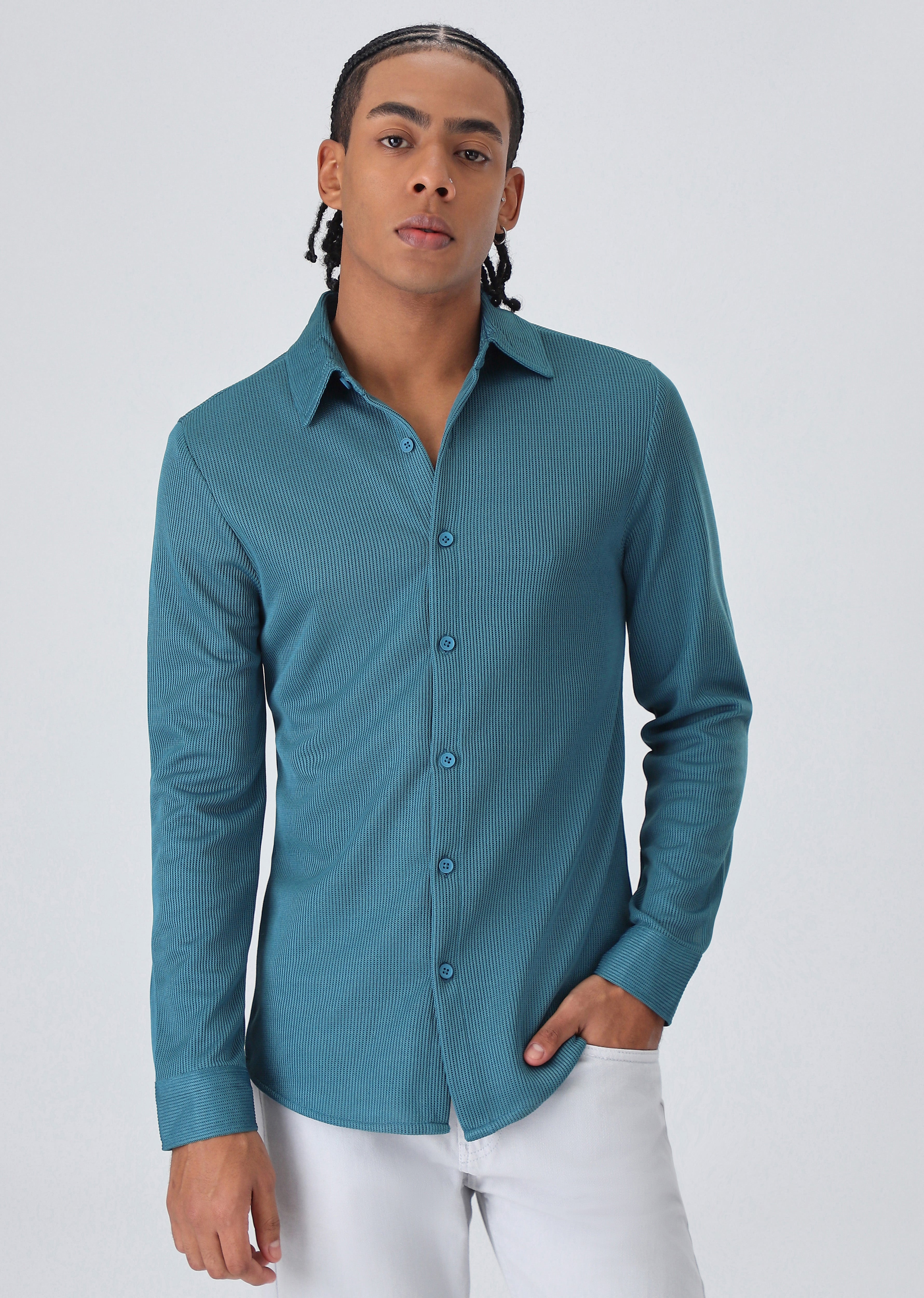 Teal Blue Plain Knitted Shirt