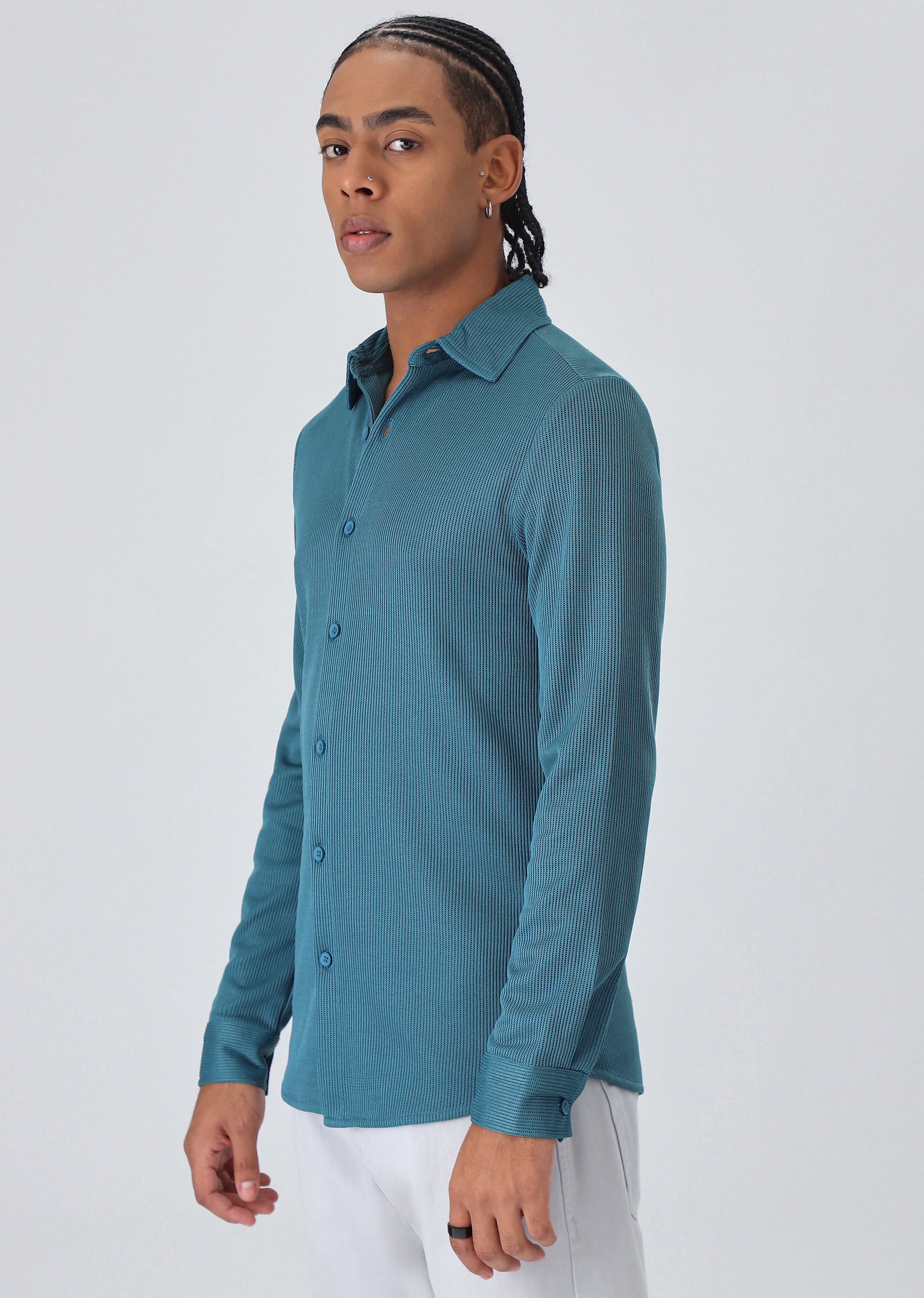 Teal Blue Plain Knitted Shirt