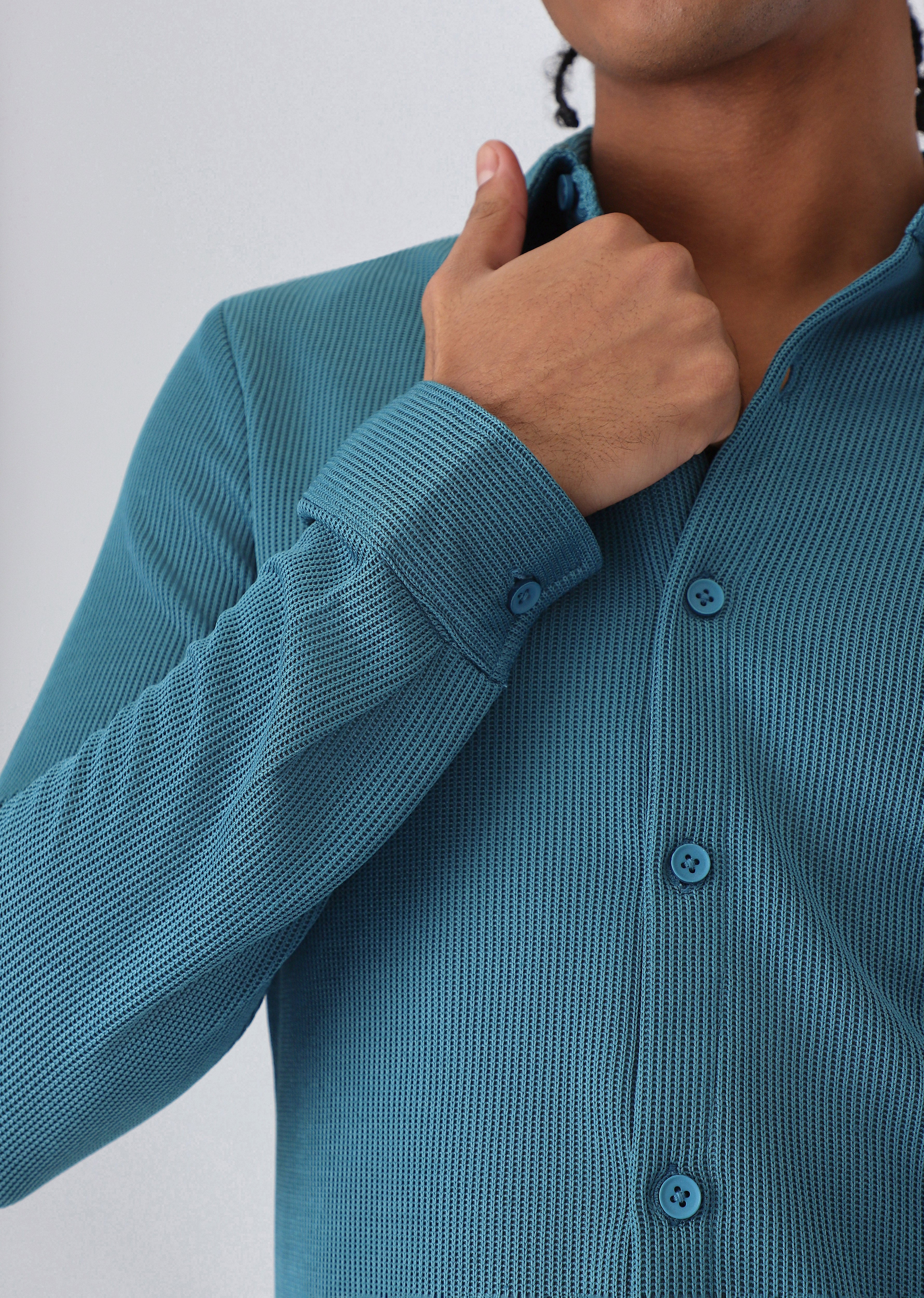 Teal Blue Plain Knitted Shirt