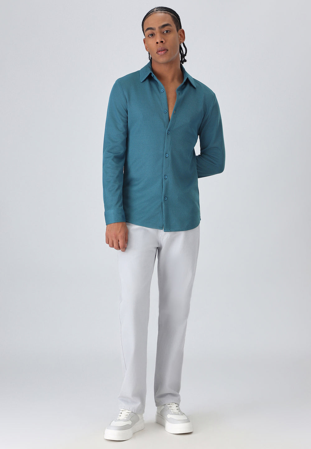 Teal Blue Plain Knitted Shirt