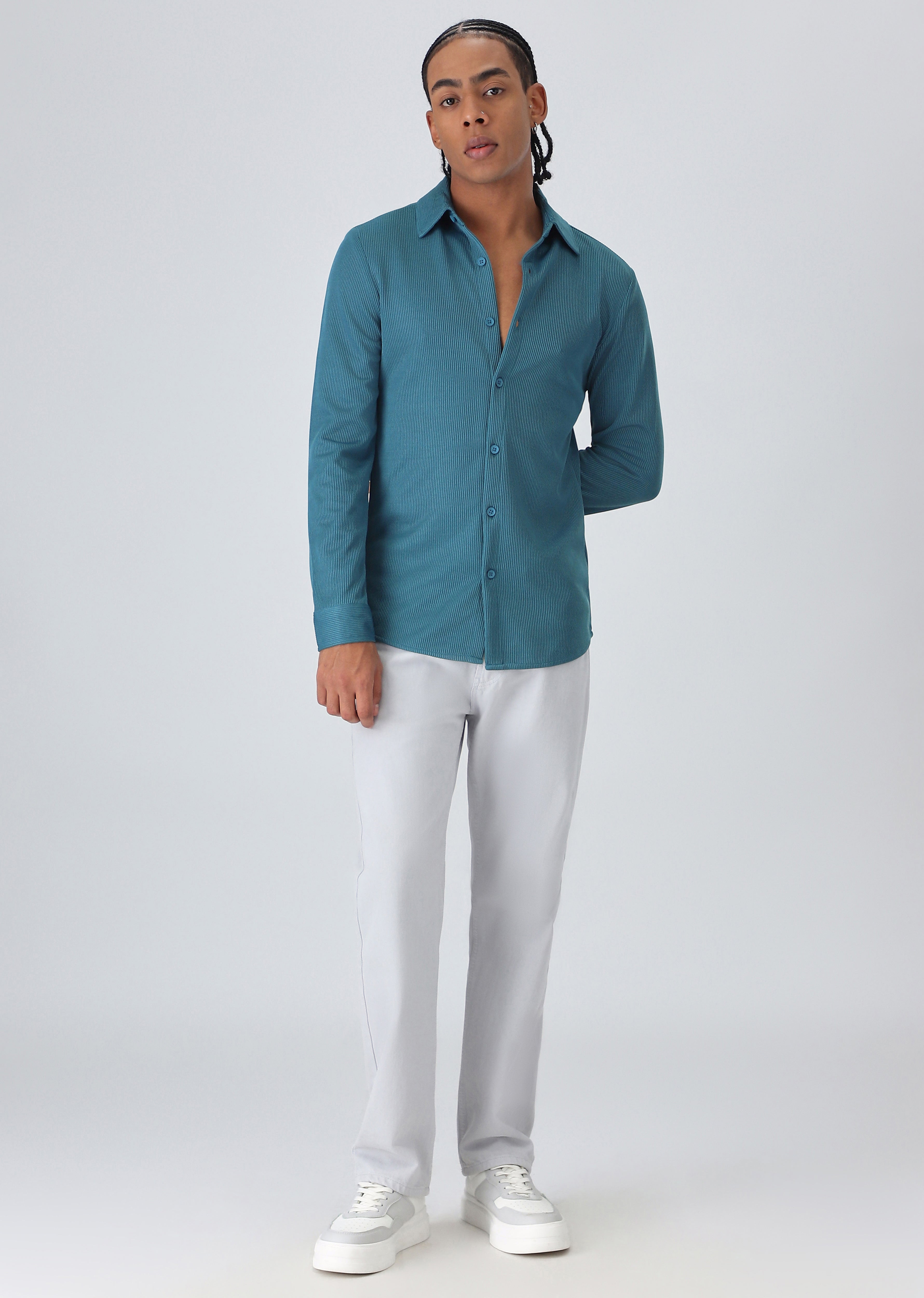 Teal Blue Plain Knitted Shirt