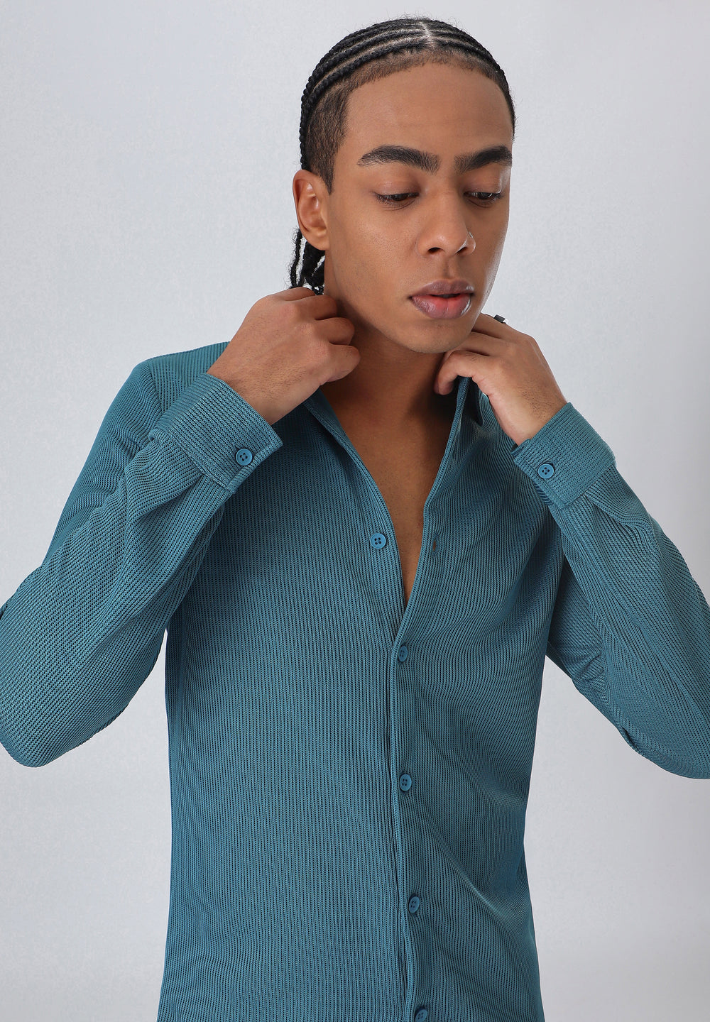 Teal Blue Plain Knitted Shirt