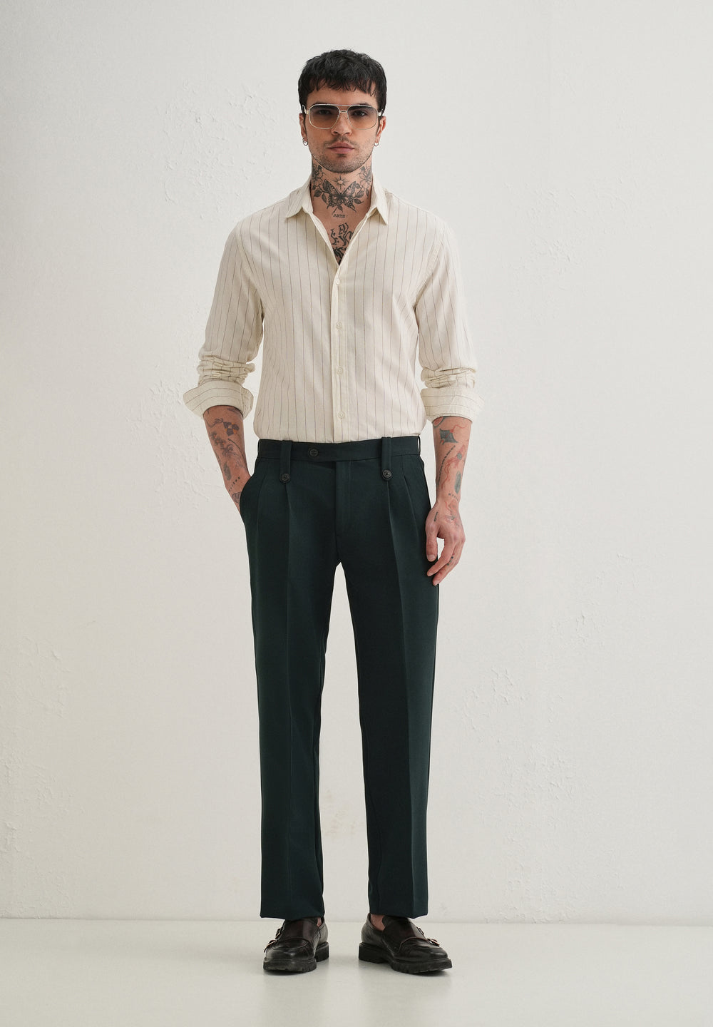 Teal Green Button-Tab Pleat Trouser