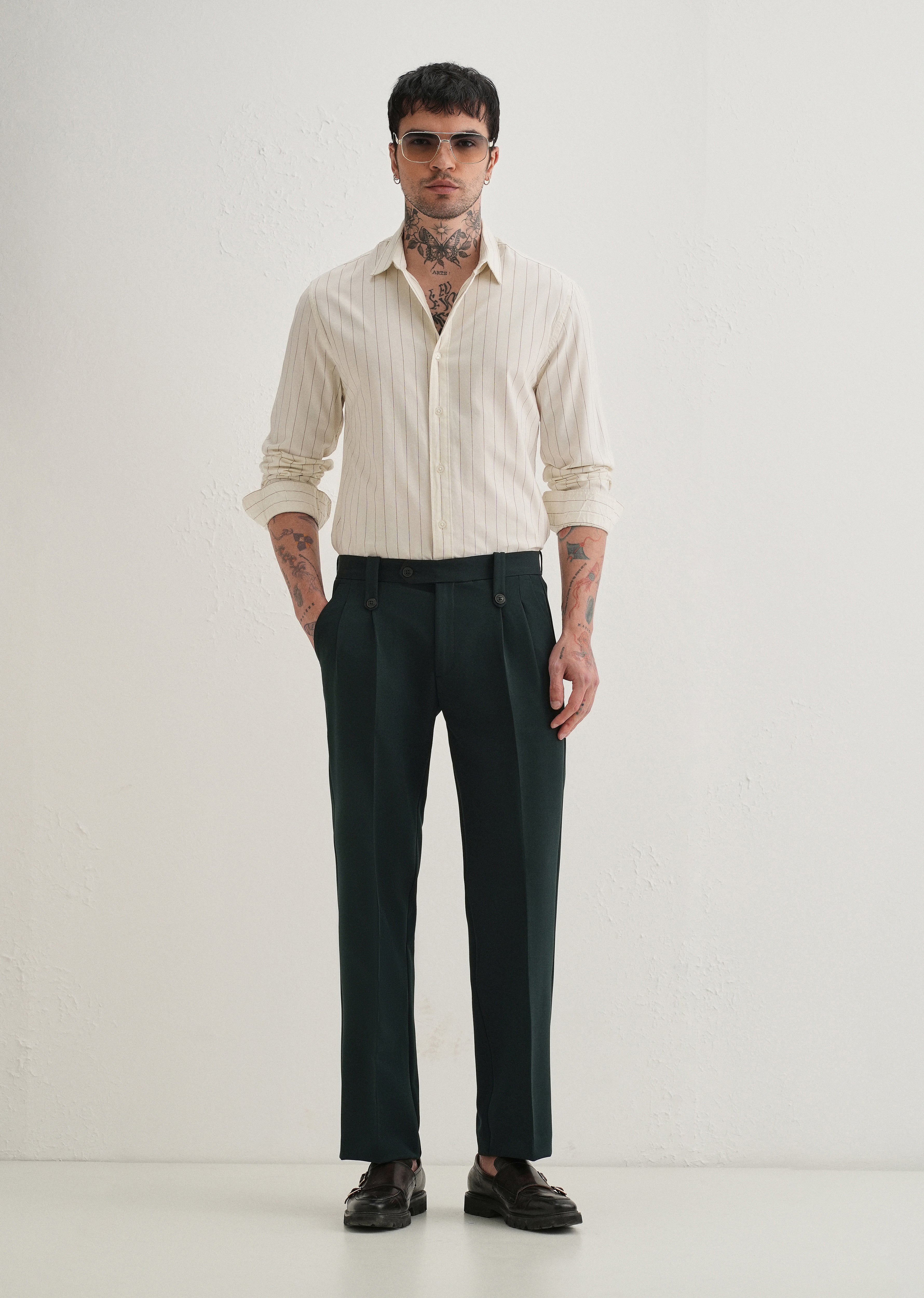 Teal Green Button-Tab Pleat Trouser