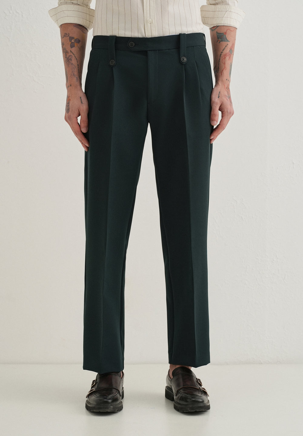 Teal Green Button-Tab Pleat Trouser