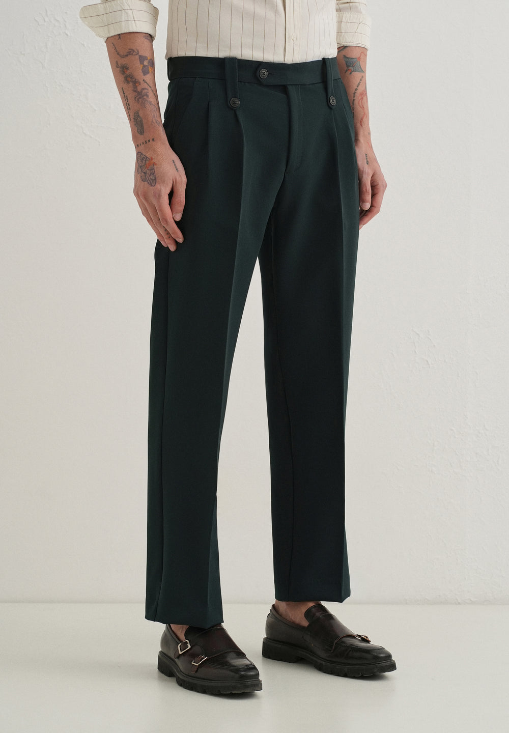 Teal Green Button-Tab Pleat Trouser