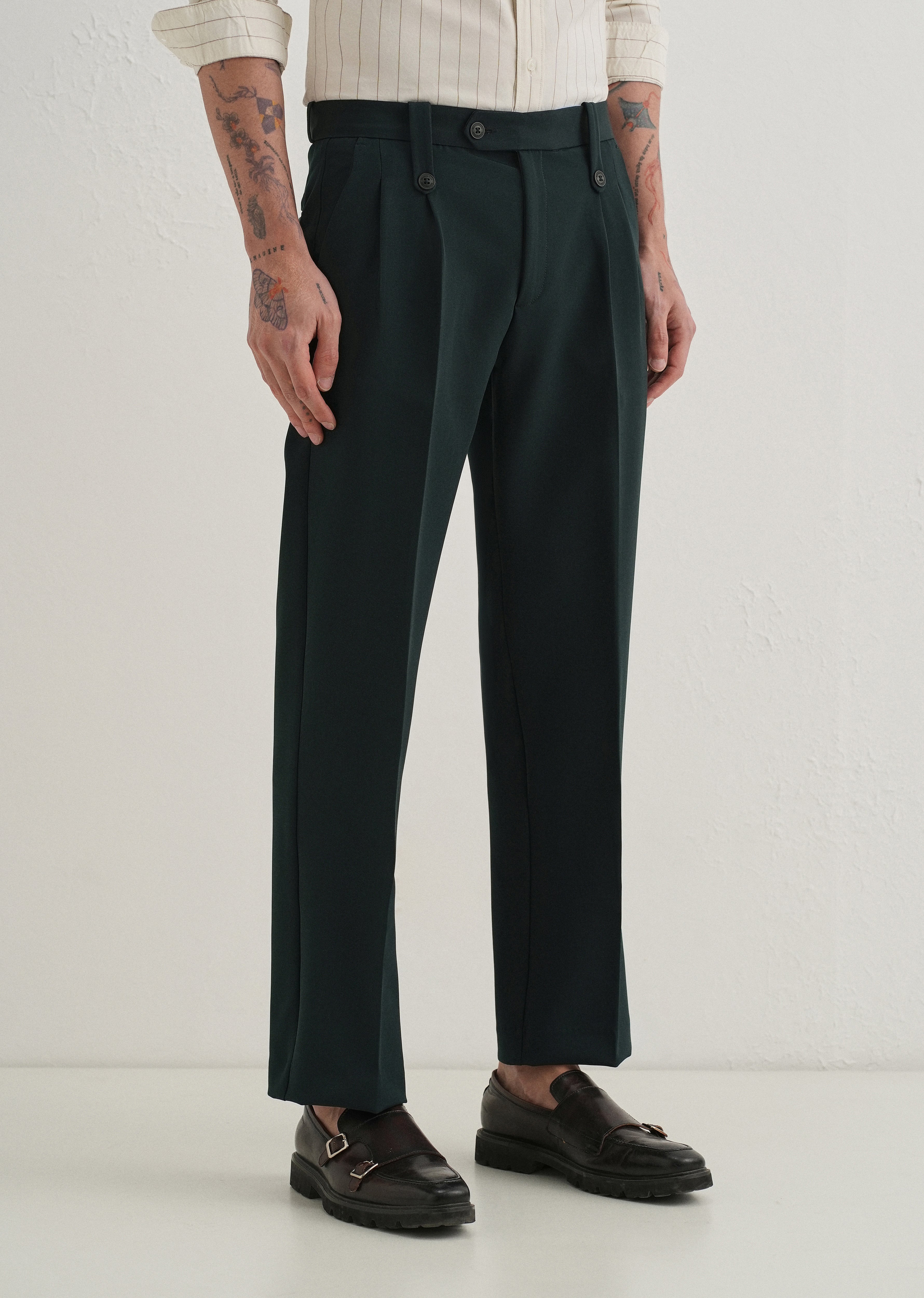 Teal Green Button-Tab Pleat Trouser