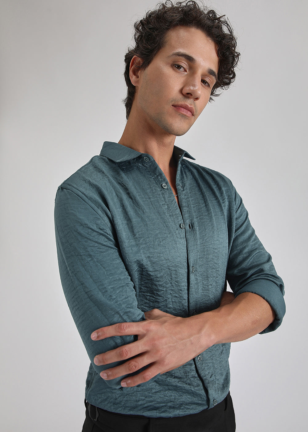 Teal Green Crushed Satin Shirt