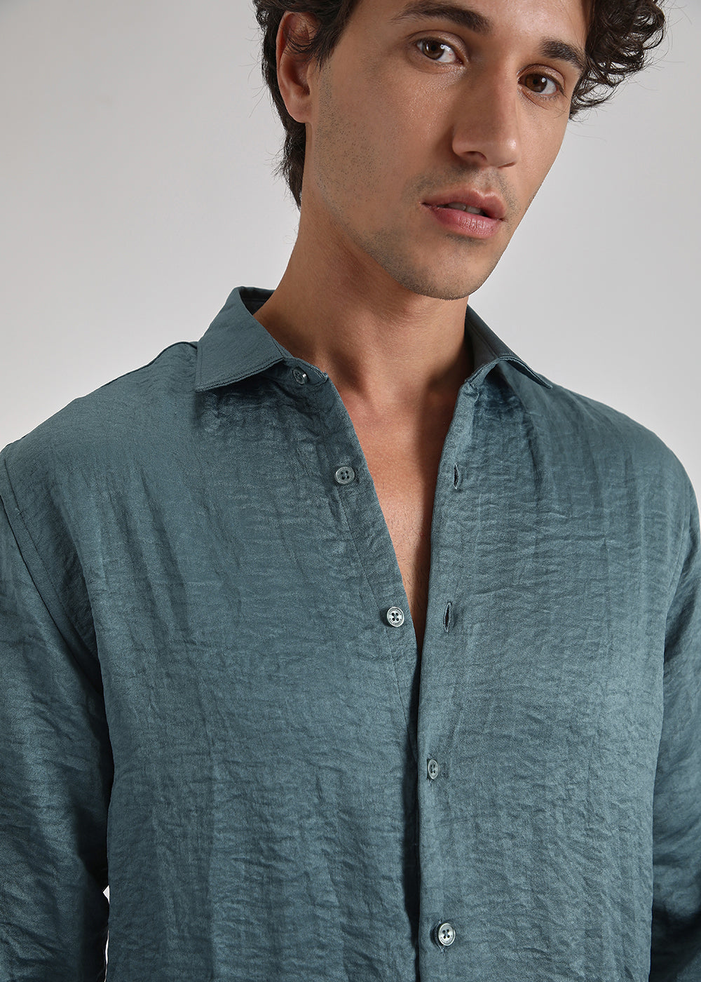 Teal Green Crushed Satin Shirt