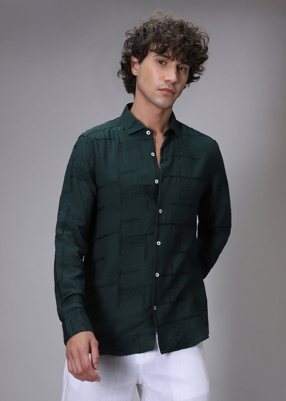 Teal Green Curvy Embroidery Shirt