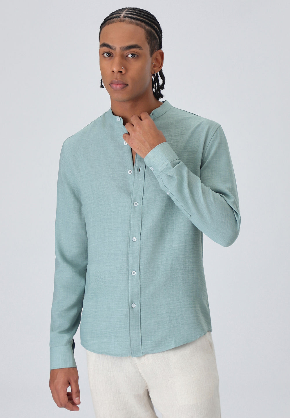 Teal Green Plain Mandarin Collar Shirt